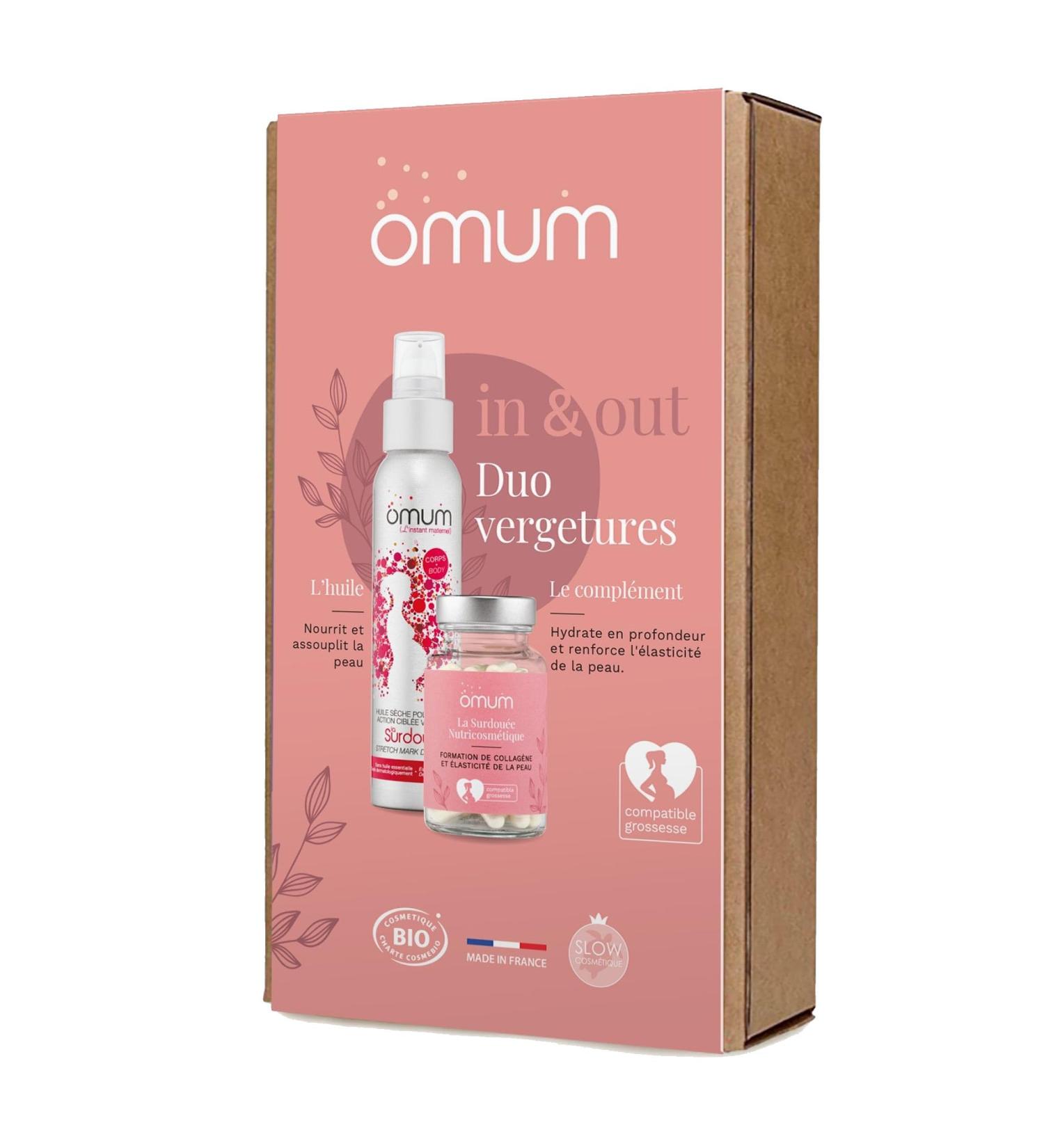 OMUM - In&Out Stretch Marks Duo Gift Box: 1 Surdou e Organic Massage Dry Oil + 1 Surdou e Supplement - Natural France Vegan Compatible with Pregnancy and Breastfeeding mother pregnant baby adolescence - Buy Online on GoSupps.com