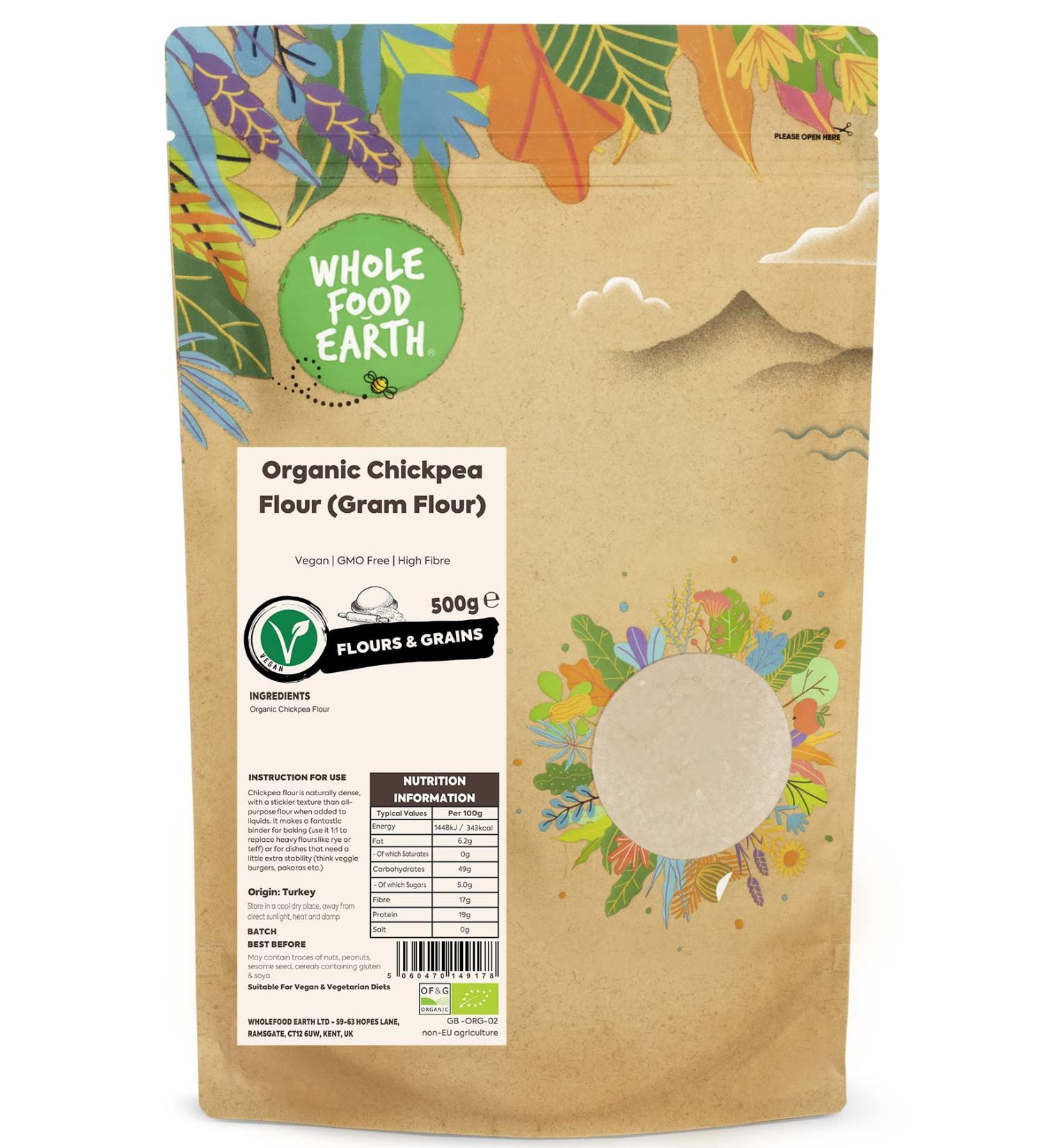 Wholefood Earth Organic Chickpea Flour 500g - Vegan, GMO Free, High Fibre | Certified Organic - Buy Online on GoSupps.com
