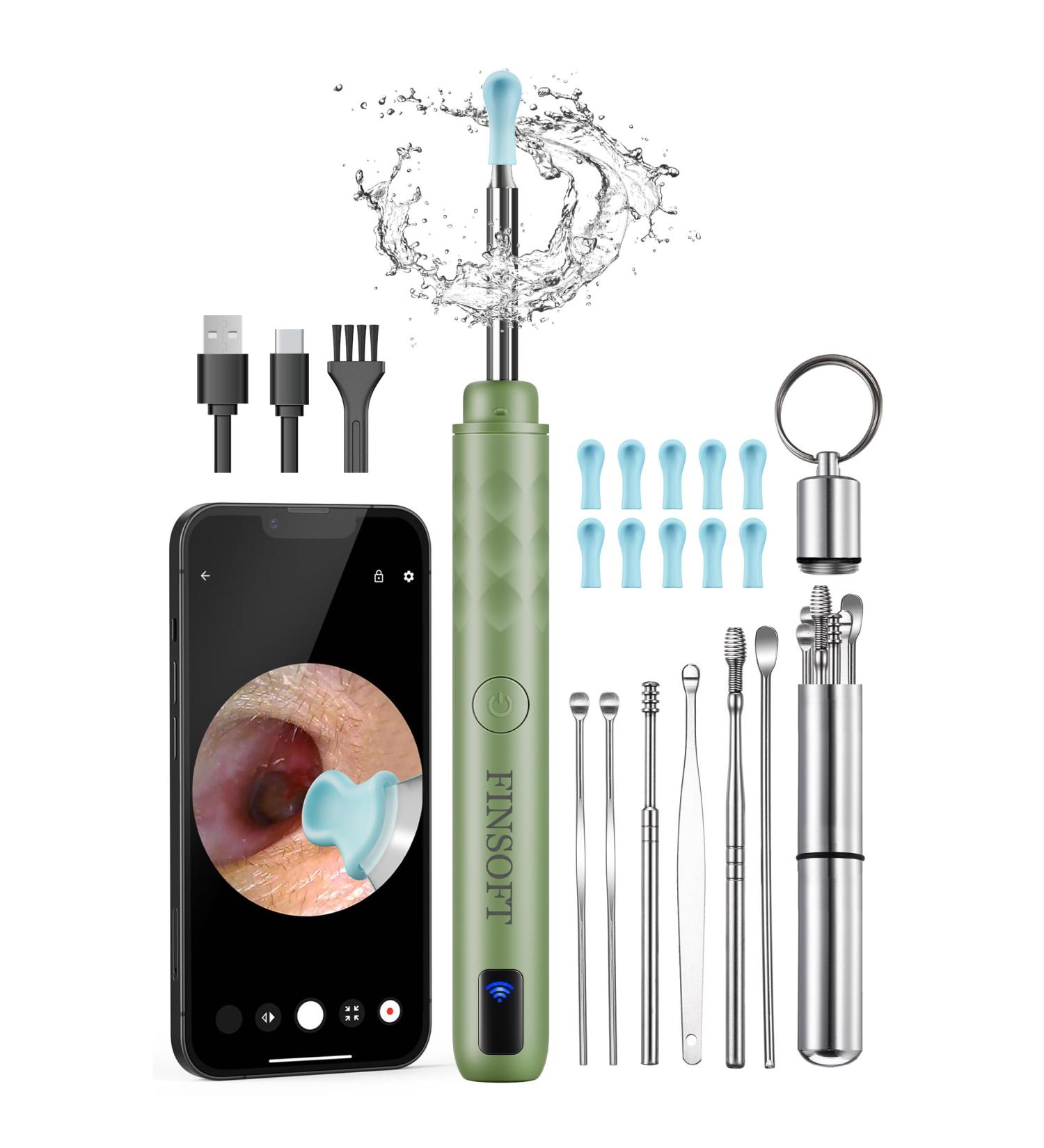 Ear Wax Removal Tool Camera | 1296P HD Ear Cleaner Kit with 10 Picks & 6 LED Lights for iOS & Android - Olive Green - Buy Online on GoSupps.com