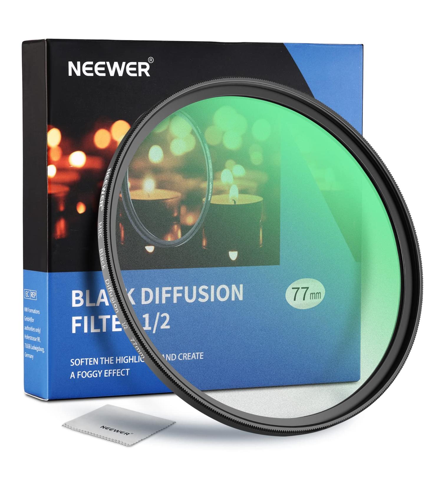 NEEWER 77mm Black Diffusion 1/2 Filter - Cinematic Mist Effect for Video/Portrait Photography | Ultra Slim, Scratch Resistant HD Glass - Buy Online on GoSupps.com