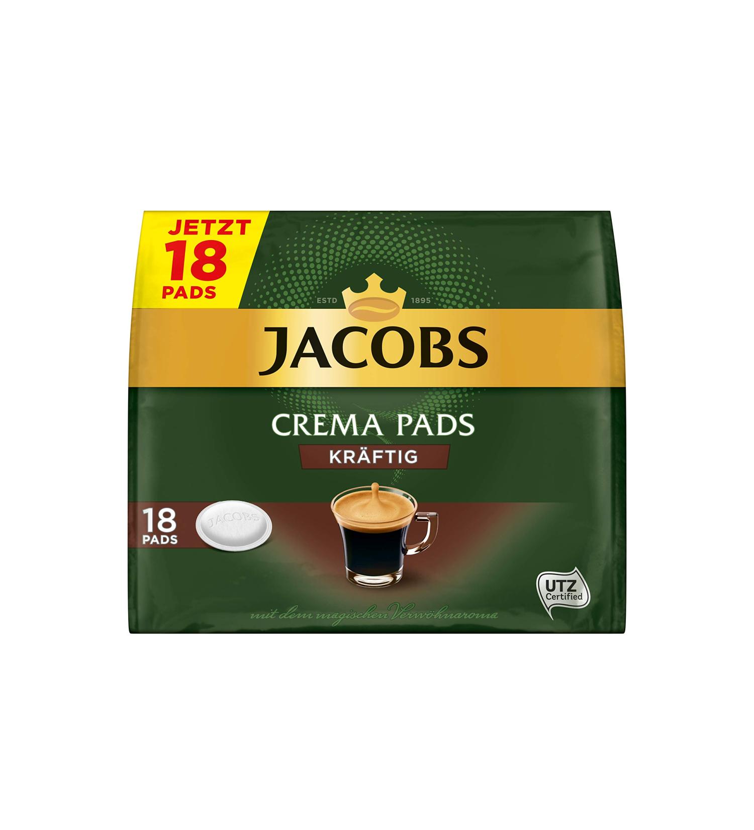Jacobs Crema Strong Coffee Pads - 90 Senseo Compatible Utz-Certified 5-Pack (5 x 18 Drinks 118g) - Buy Online on GoSupps.com
