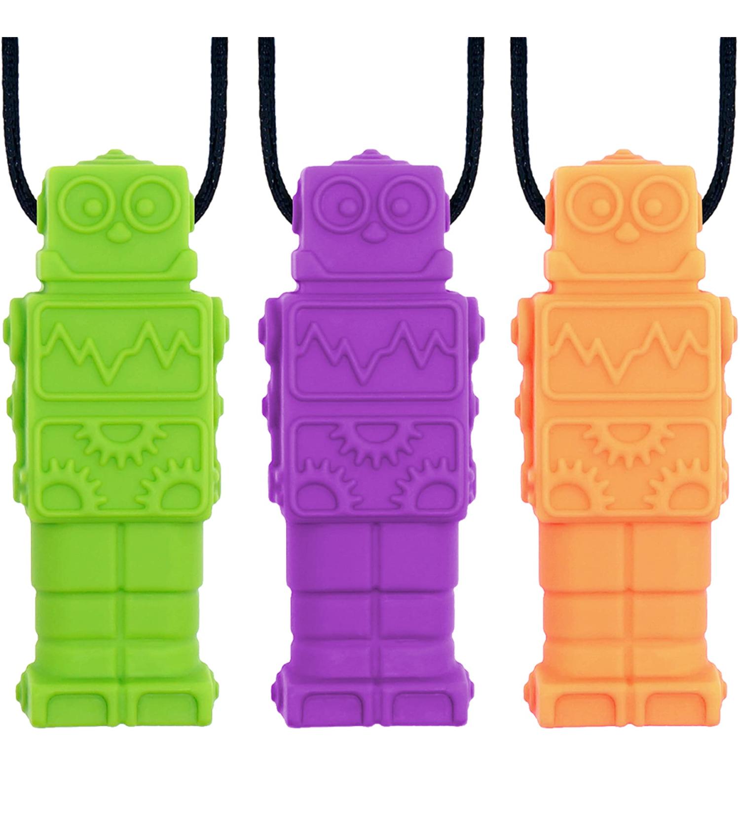 Munchewy Robot Sensory Caucettes - BPA-Free Chewable Jewelry for Autism ADHD & SPD | Chewing Sticks for Kids - Green Purple Orange (3 Pack) - Buy Online on GoSupps.com