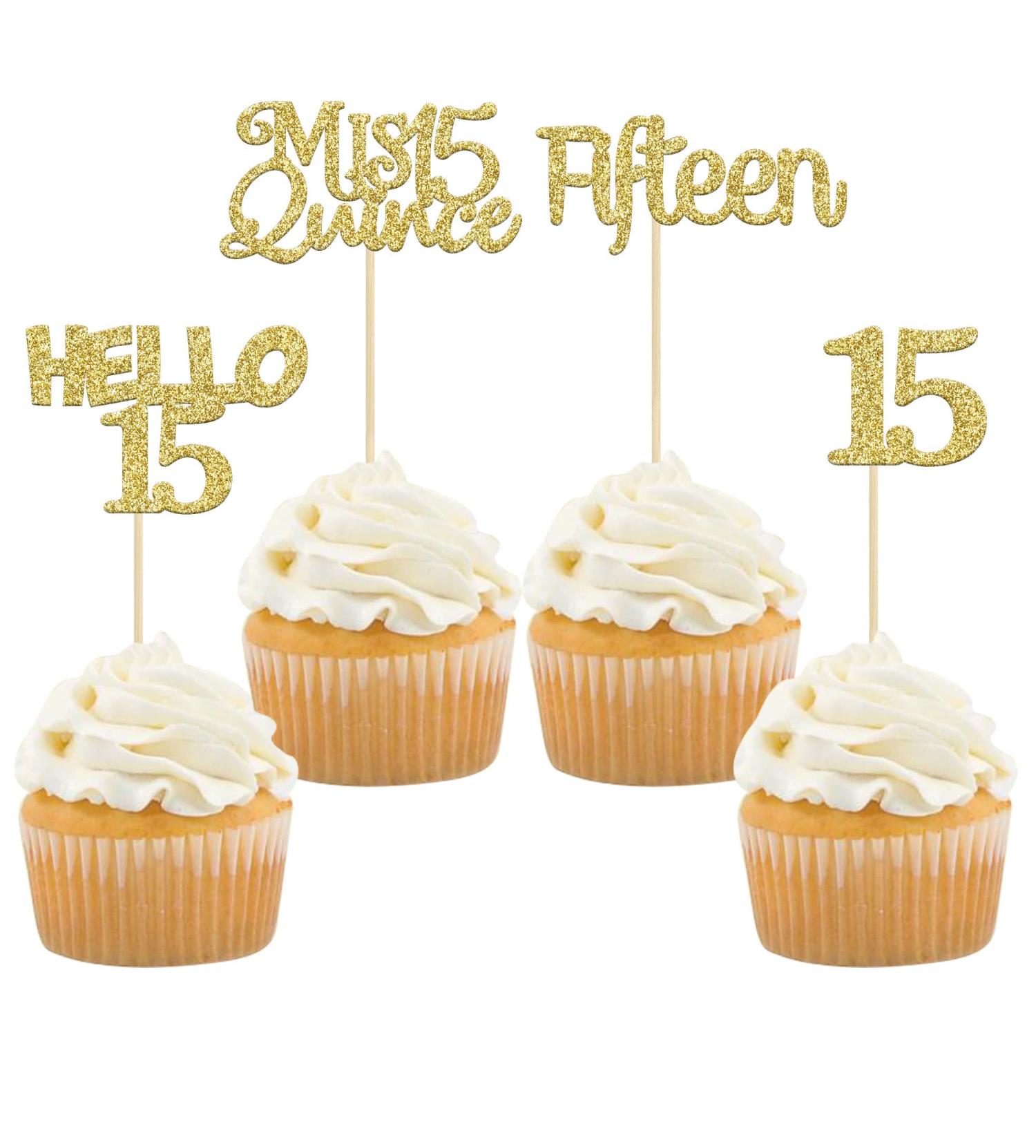Gold Glitter 15th Birthday Cupcake Toppers - 24Pcs Quincea era Cake Decorations - Buy Online on GoSupps.com