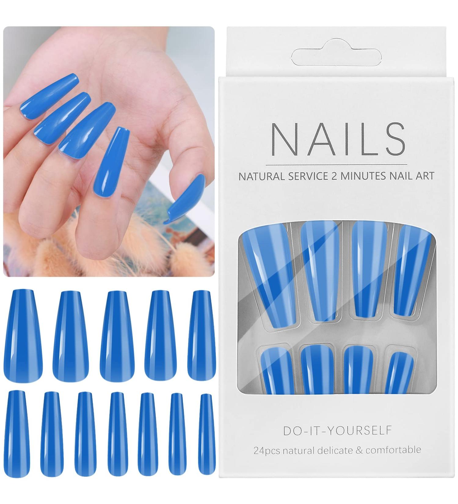 Cooserry Blue Long Press on Nails - 24pcs Coffin Glossy Acrylic Nails - Lasting Wear and Detachable for Women and Girls - Buy Online on GoSupps.com