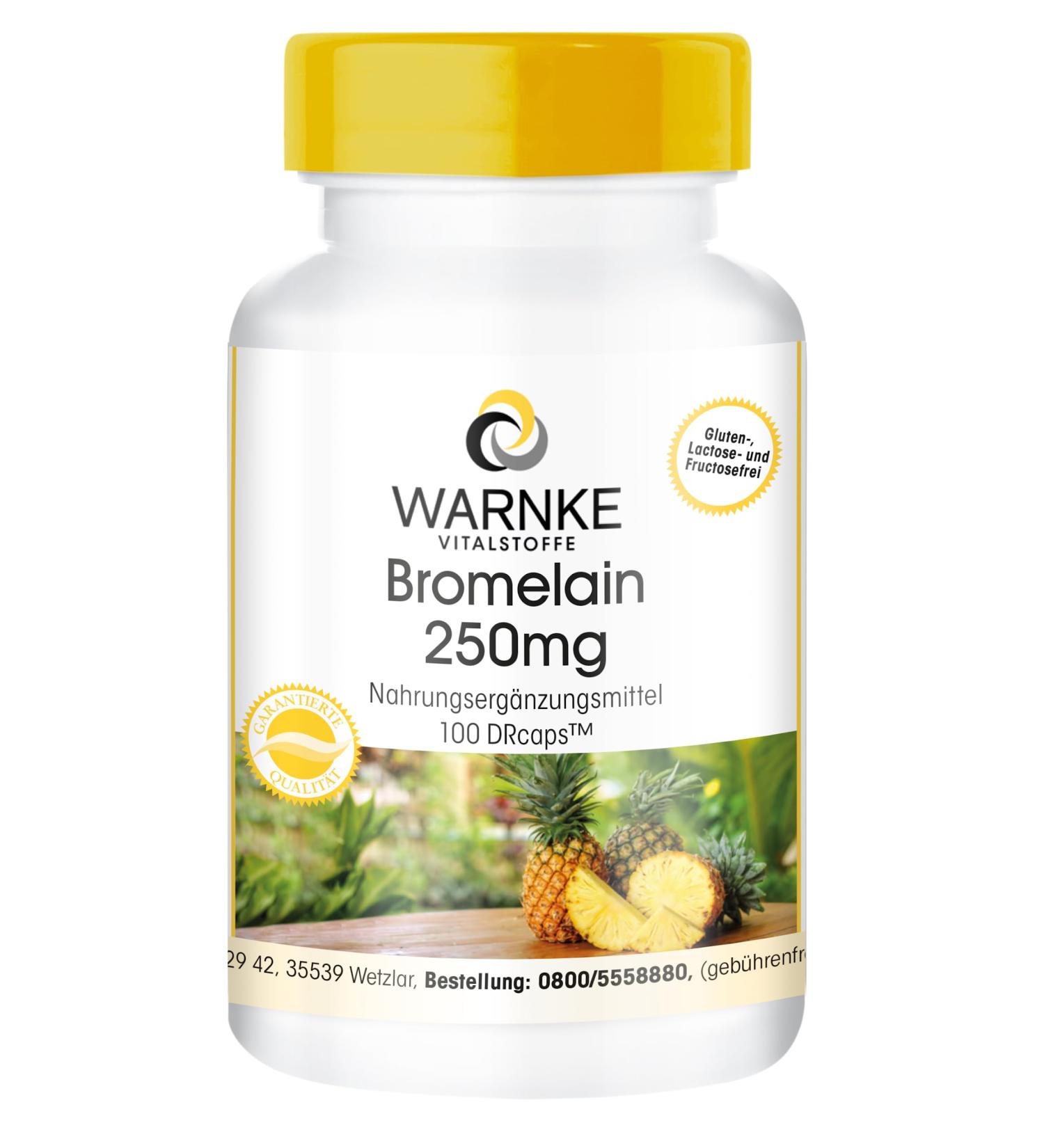 Bromelain Capsules 250mg - High Dose Vegan Pineapple Enzyme | 100 Capsules | Warnke Vital Substances - German Pharmacy Quality - Buy Online on GoSupps.com