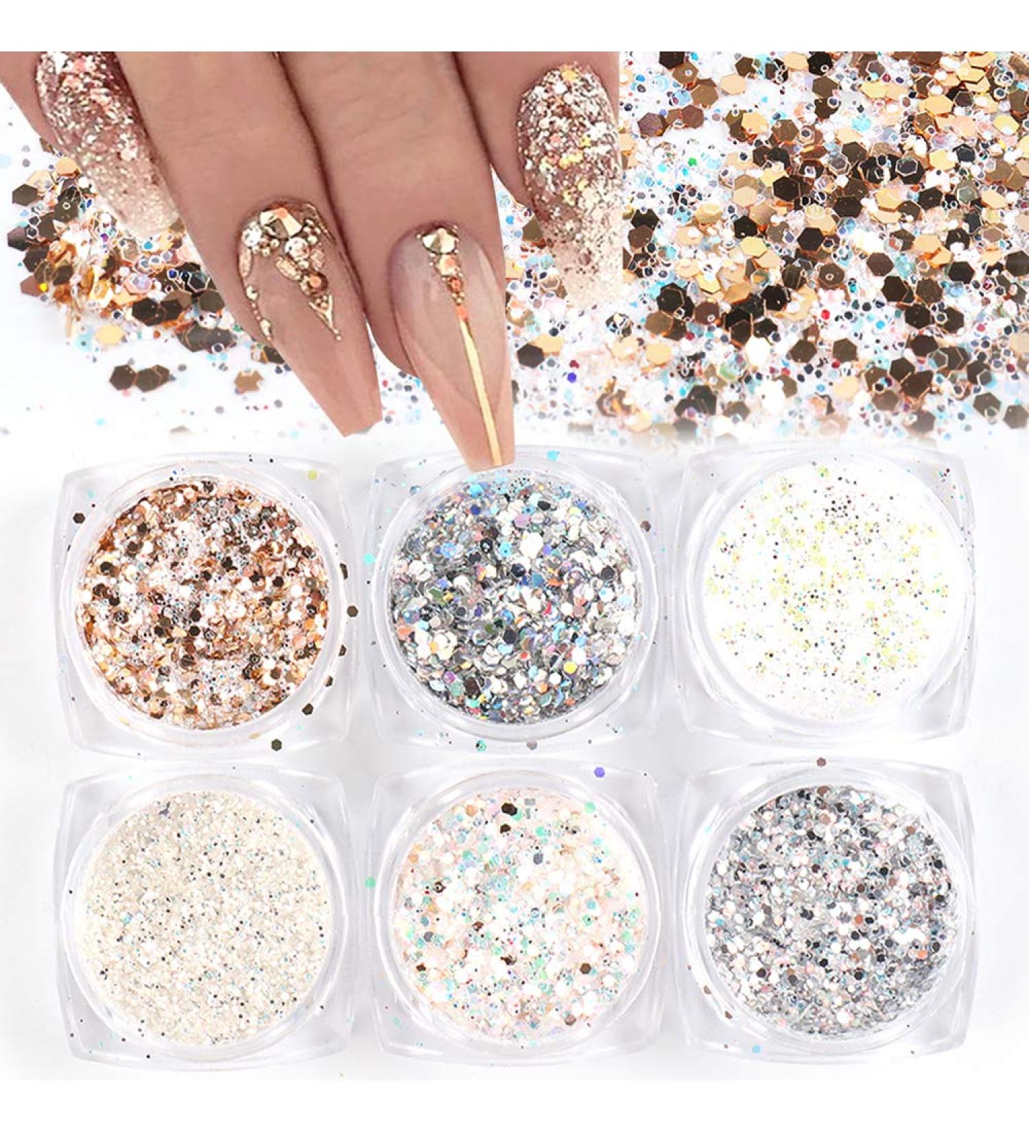 Holographic Nail Art Sequins Glitter Kit - 6 Boxes Metallic Shining Flakes for 3D Nails Decoration, Acrylic Powder Dust, Holographic Manicure Tips - Vintage Color - Buy Online on GoSupps.com