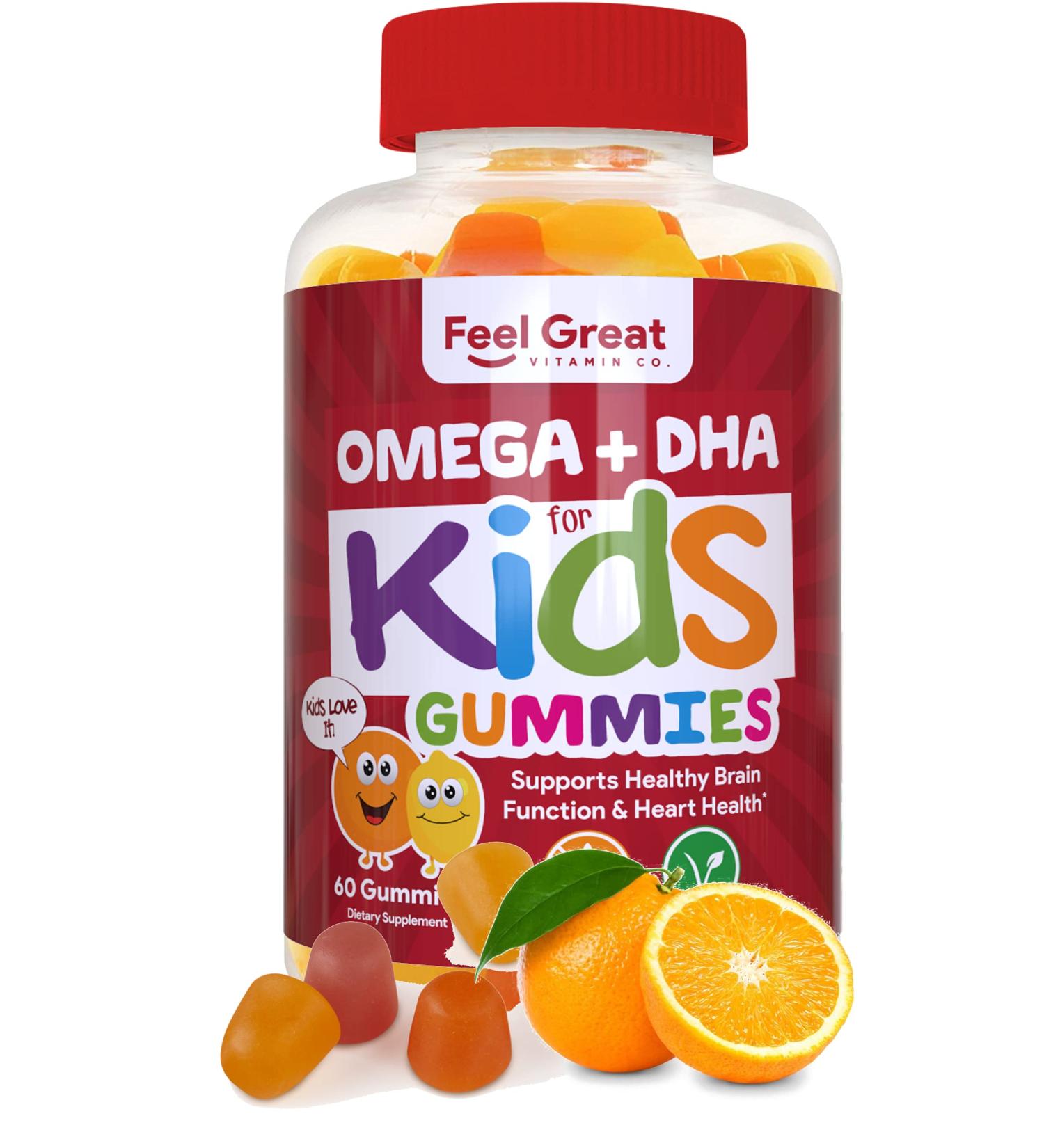 Feel Great Vitamin Co. Kids DHA Gummies with Omega 3 6 9 + DHA & Vitamin C | Brain Vision & Heart Health Support | 60 Gummies - Gluten-Free Vegetarian & Non-GMO - Buy Online on GoSupps.com
