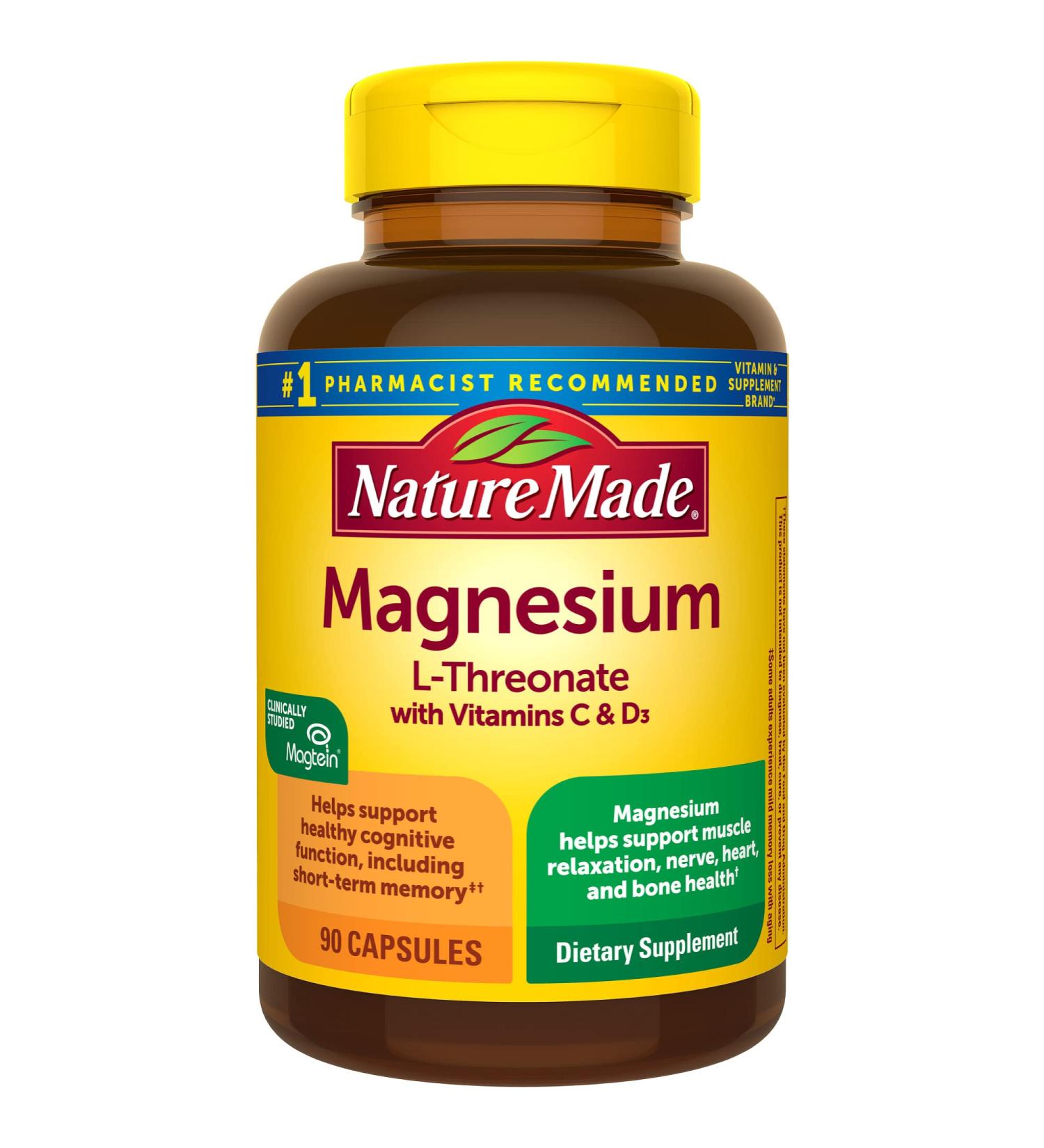 Nature Made Magnesium L-Threonate with Vitamin C & D3 | Cognitive Support Supplement | 90 Capsules - Buy Online on GoSupps.com