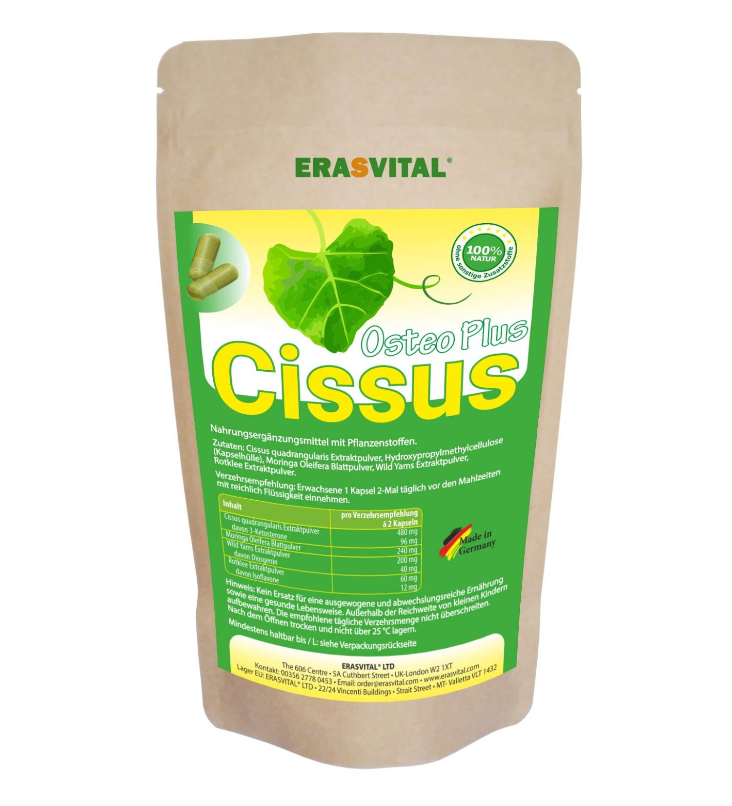 ERASVITAL Cissus Osteo Plus 60 capsules with Cissus quadrangularis extract and other herbal helpers Vegan