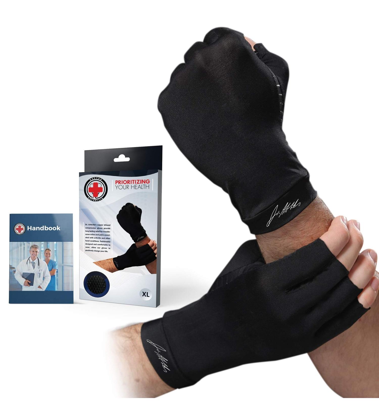 Dr. Arthritis Copper Compression Gloves for Arthritis Pain Relief - Black XL Open Finger Hand Brace for Men and Women - Buy Online on GoSupps.com
