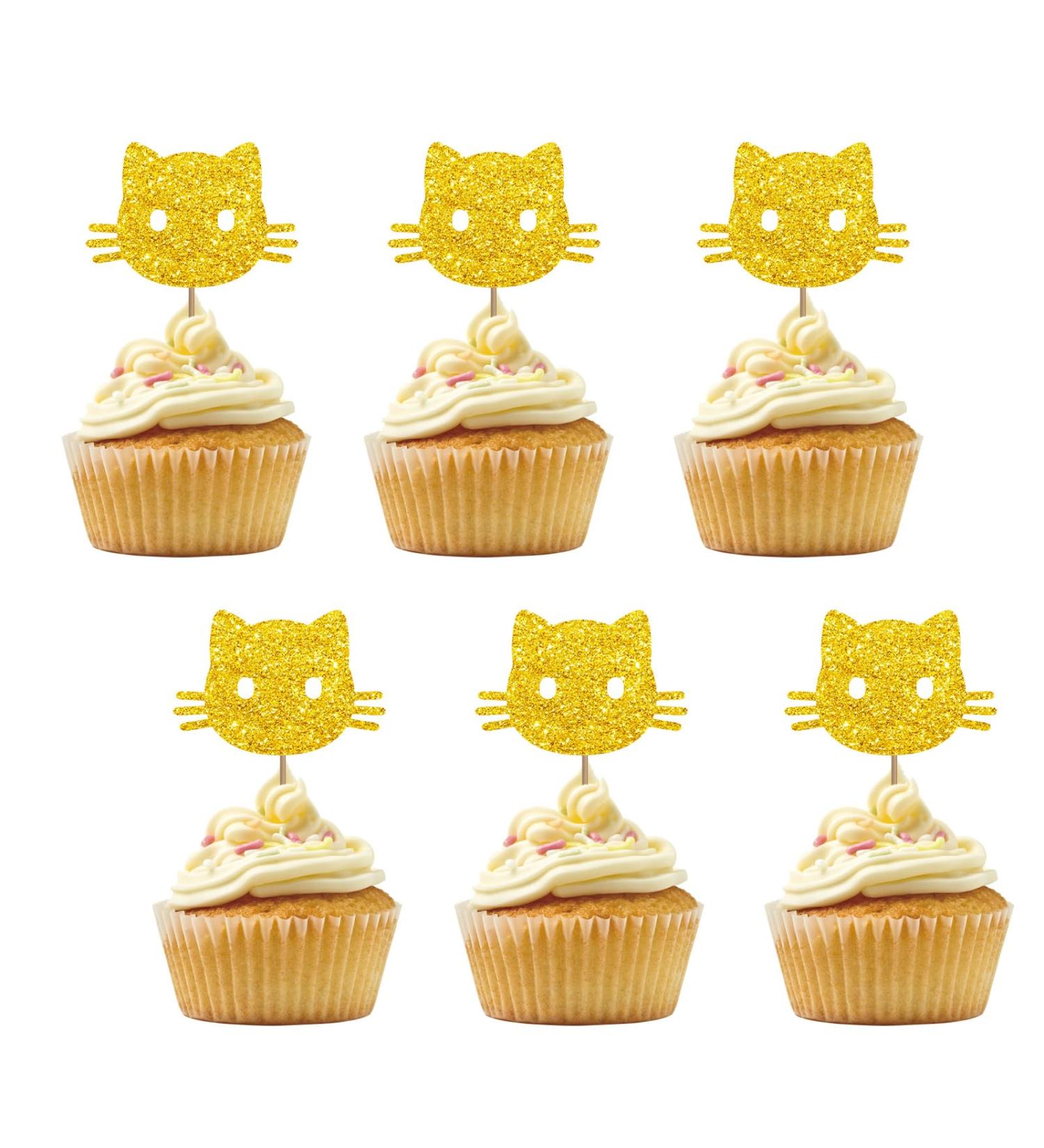 Set of 24 Kitten Cat and Meow Cupcake Toppers for Pet Theme Birthday Gold & Black Glitter Cat Face Sign Cupcake Toppers Cake Decorations for Kitten Theme Baby Shower Kids Party Supplies gold cat - Buy Online on GoSupps.com