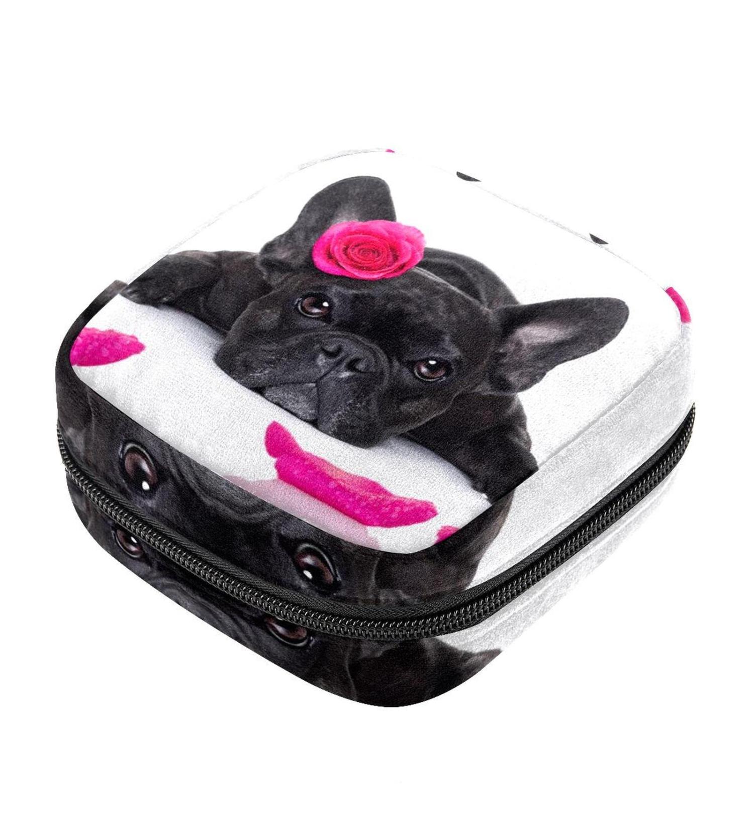 Stylish Menstruation Pad Bag with Zipper - Eco-Friendly Women's Napkin & Tampon Carrier - French Bulldog Design - Buy Online on GoSupps.com