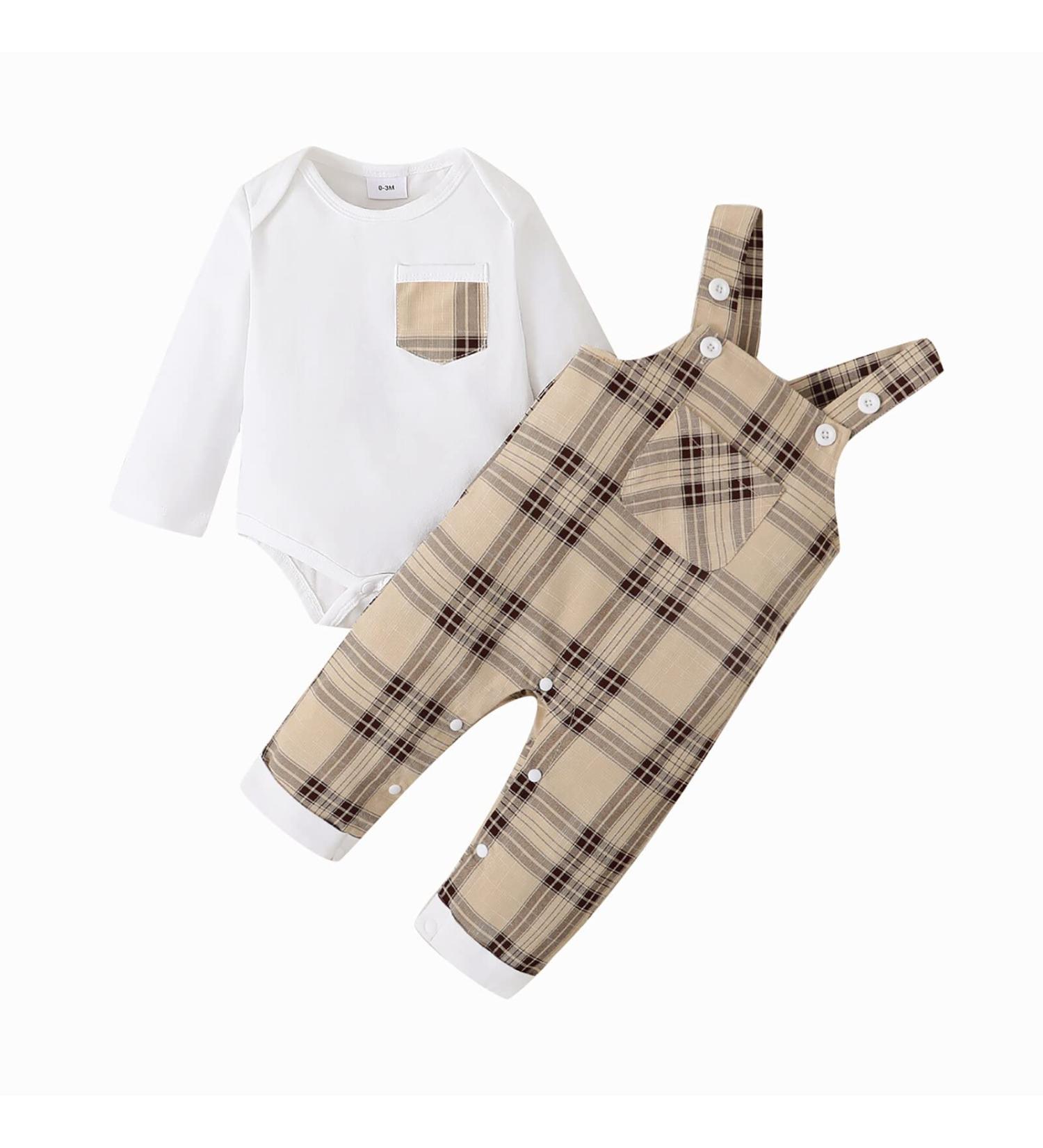 Puseky Baby Boy Long Sleeve Romper with Plaid Suspenders Overall Pants | 6-12 Months | White - Buy Online on GoSupps.com
