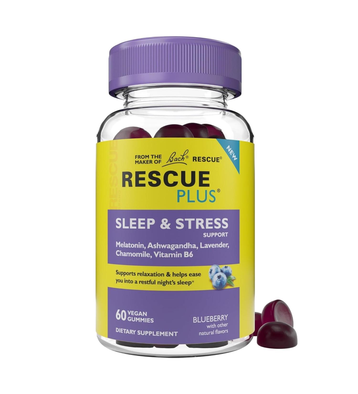 Bach RESCUE PLUS Sleep & Stress Support Gummies Nighttime Dietary Supplement with 1mg Melatonin Ashwagandha Chamomile Lavender & Vitamin B6 Natural Blueberry Flavor Vegan & Gluten-Free 60 Count 60 Count (Pack of 1) - Buy Online on GoSupps.com