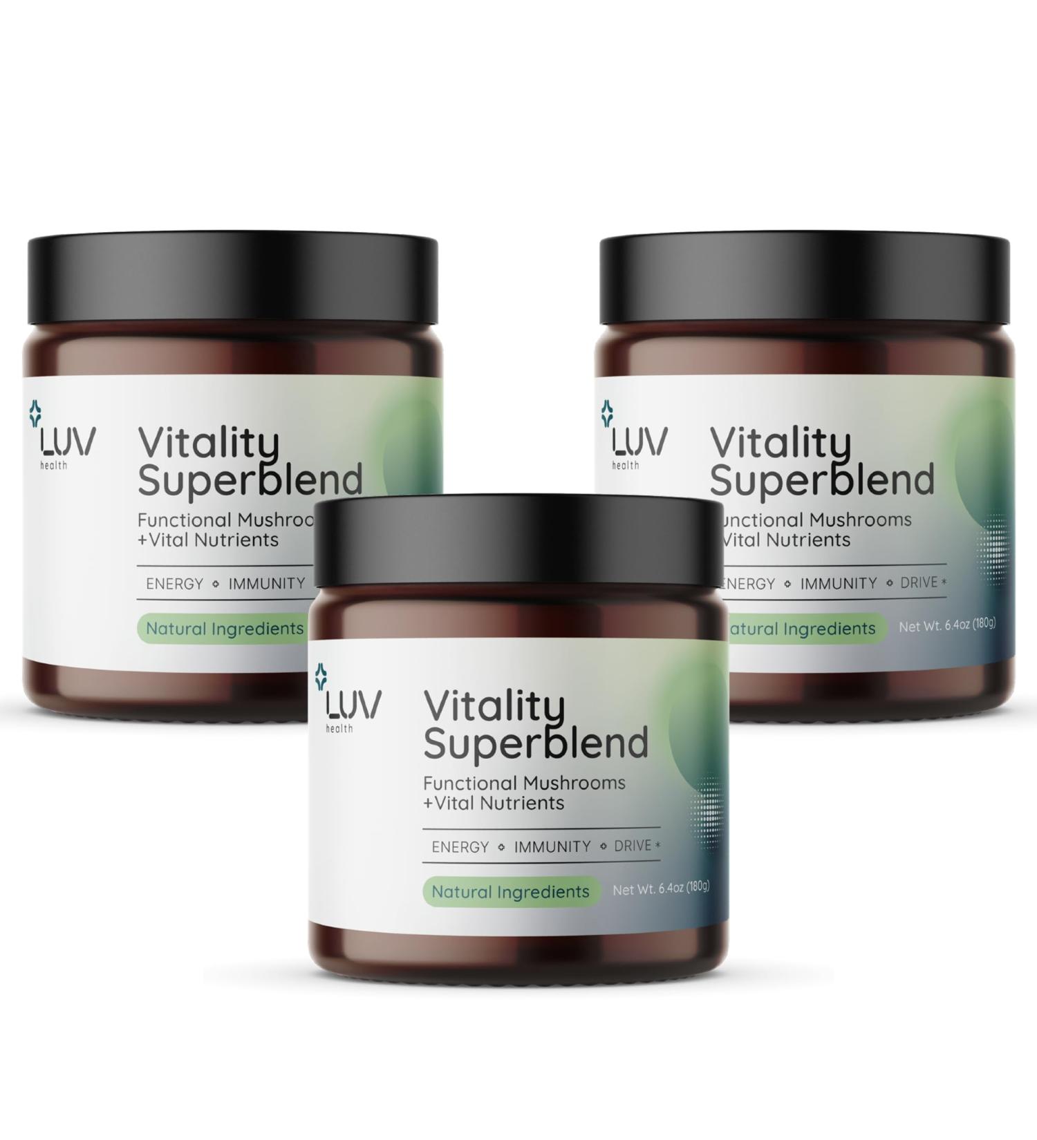 LUV health Vitality Superblend: Mushroom Supplement - Superfood Powder with Cacao Lion s Mane Cordyceps Reishi Green Tea and Turmeric Energy Focus & Daily Wellness Support Vegan 30 Servings - Buy Online on GoSupps.com