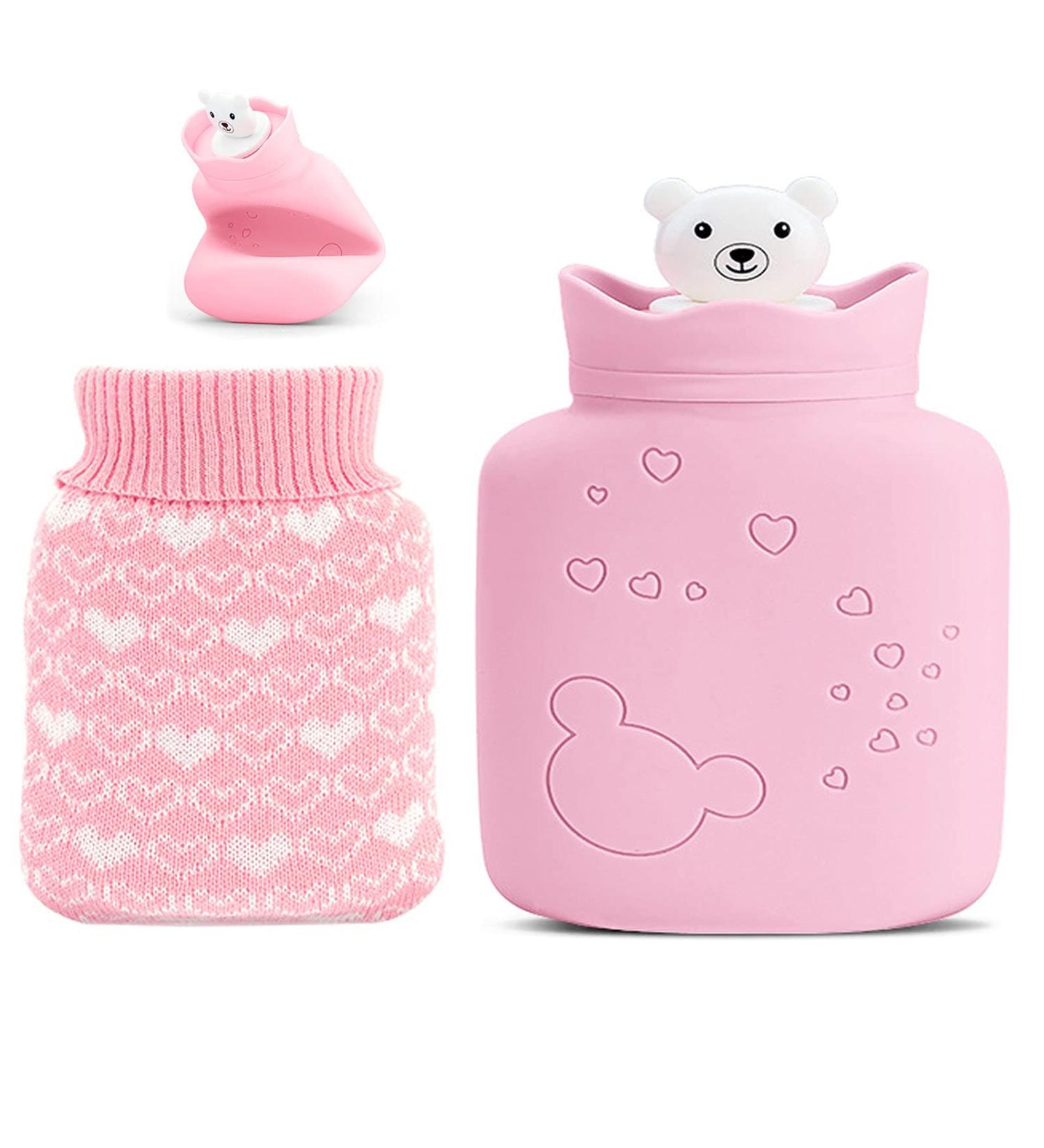 Mini Silicone Hot Water Bottle with Knitting Cover - Safe Durable & Eco-Friendly Comfort for Pain Relief (Pink) - Buy Online on GoSupps.com