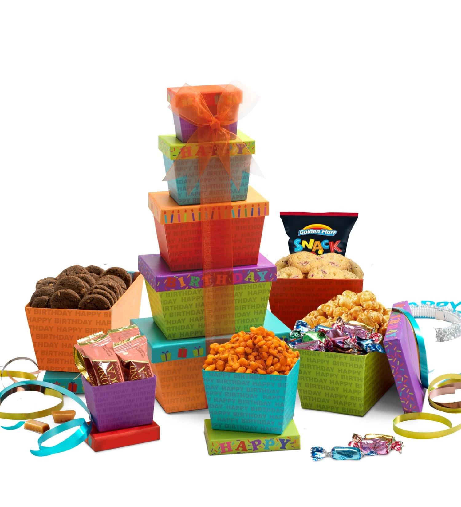 Broadway Basketeers Gourmet Food Gift Basket Tower for Birthdays - Curated Snack Box with Sweet and Savory Treats - Perfect Birthday Presents for Men, Women, Mom, Dad, and Families - Buy Online on GoSupps.com