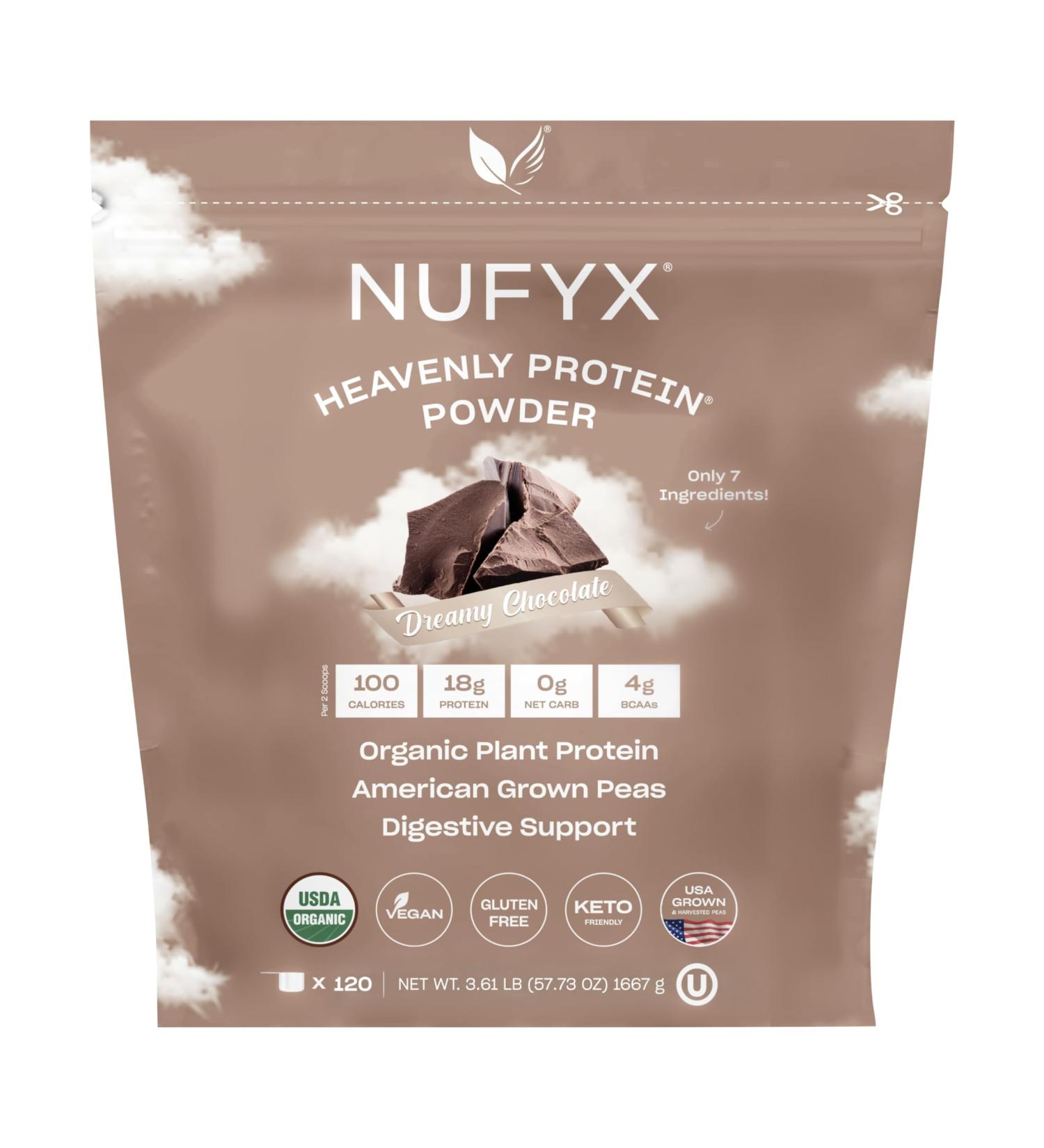 NUFYX Heavenly Protein Powder - 100% Organic Vegan Gluten-Free Low Carb Dreamy Chocolate | 120 Scoops - Buy Online on GoSupps.com