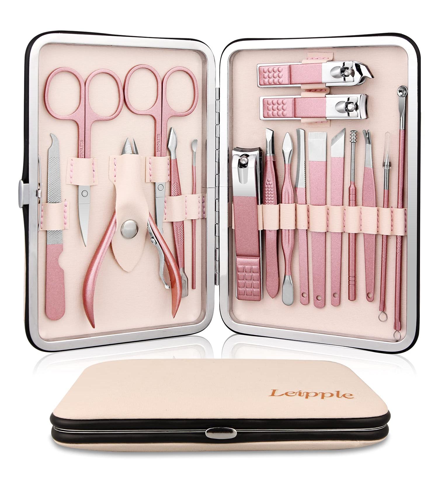 Manicure Set Professional Pedicure Nail Clippers Kit - 18 pcs Nail Care Tools - Grooming Kit with Luxurious Upgraded Travel Case (Beige/Pink) - Buy Online on GoSupps.com