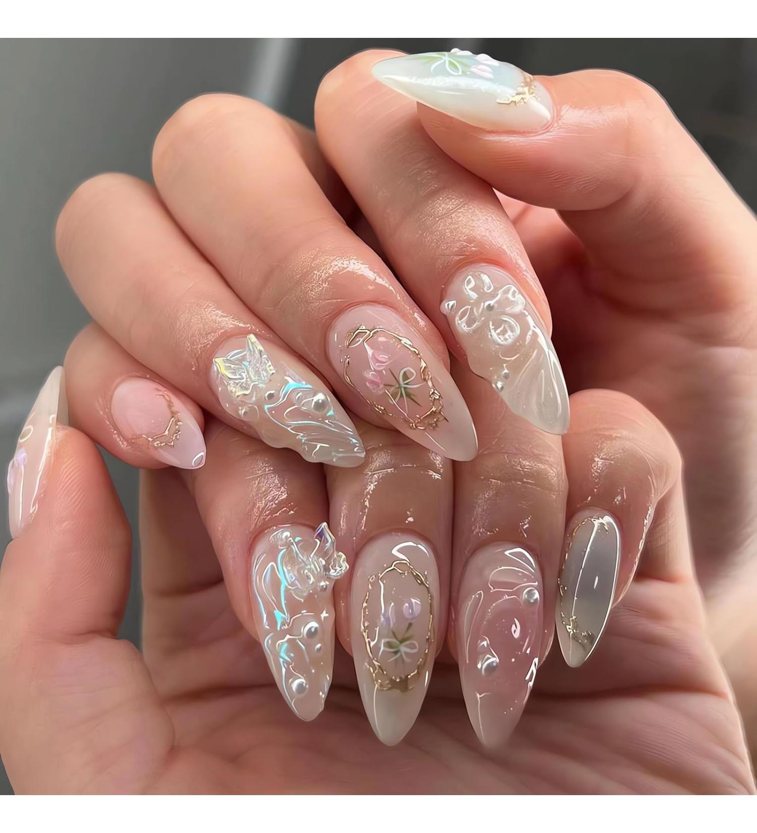 3D Handmade Press on Nails with Charms | Cute French Almond Shape Acrylic Nails for Women - Butterfly Flower & Bow Designs - Buy Online on GoSupps.com