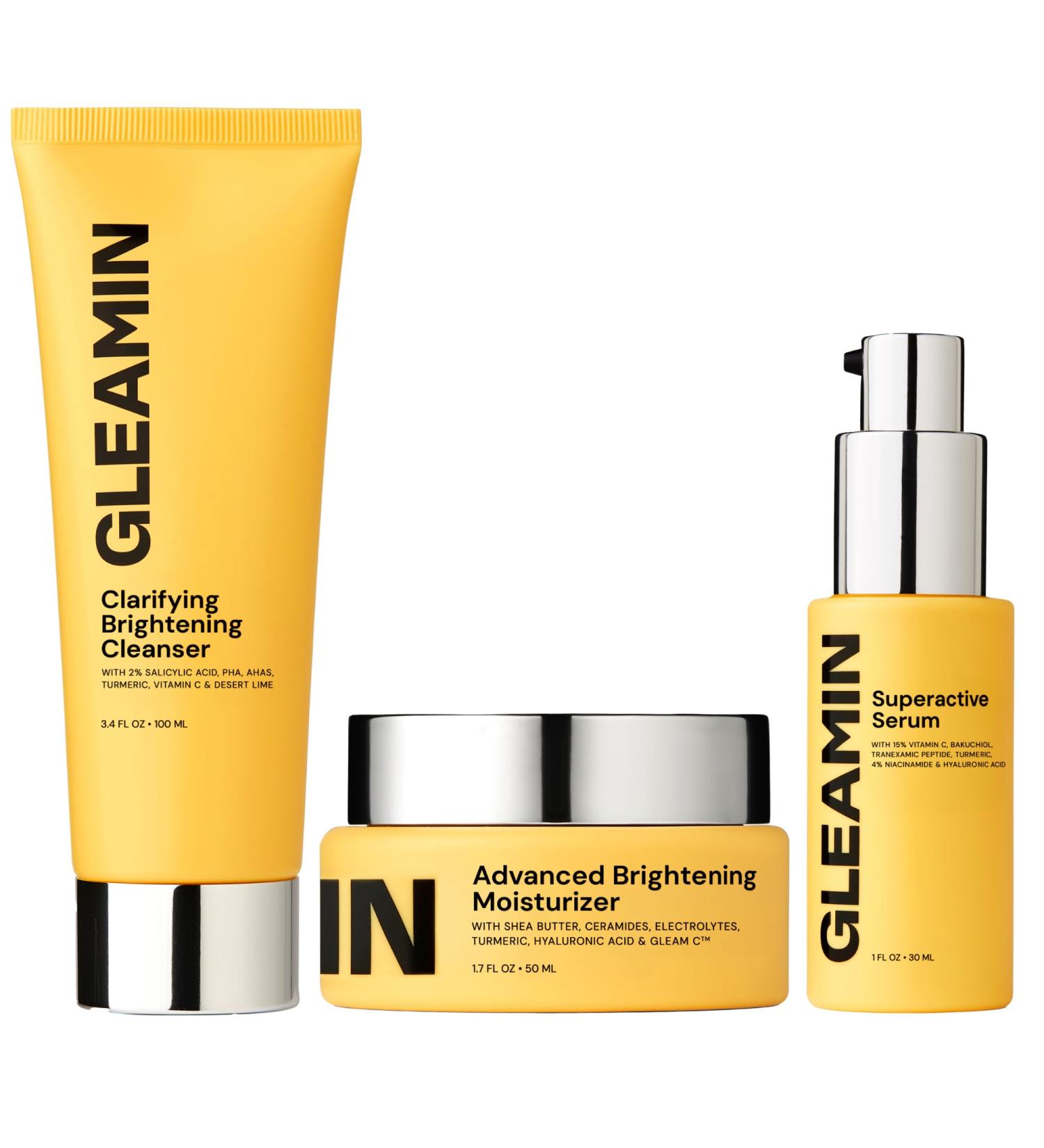 Gleamin Daily Brightening Ritual Set Cleanser Serum & Moisturizer for Dark Spots Uneven Tone & Glowing Skin Complete Vitamin C Skincare Routine - Buy Online on GoSupps.com