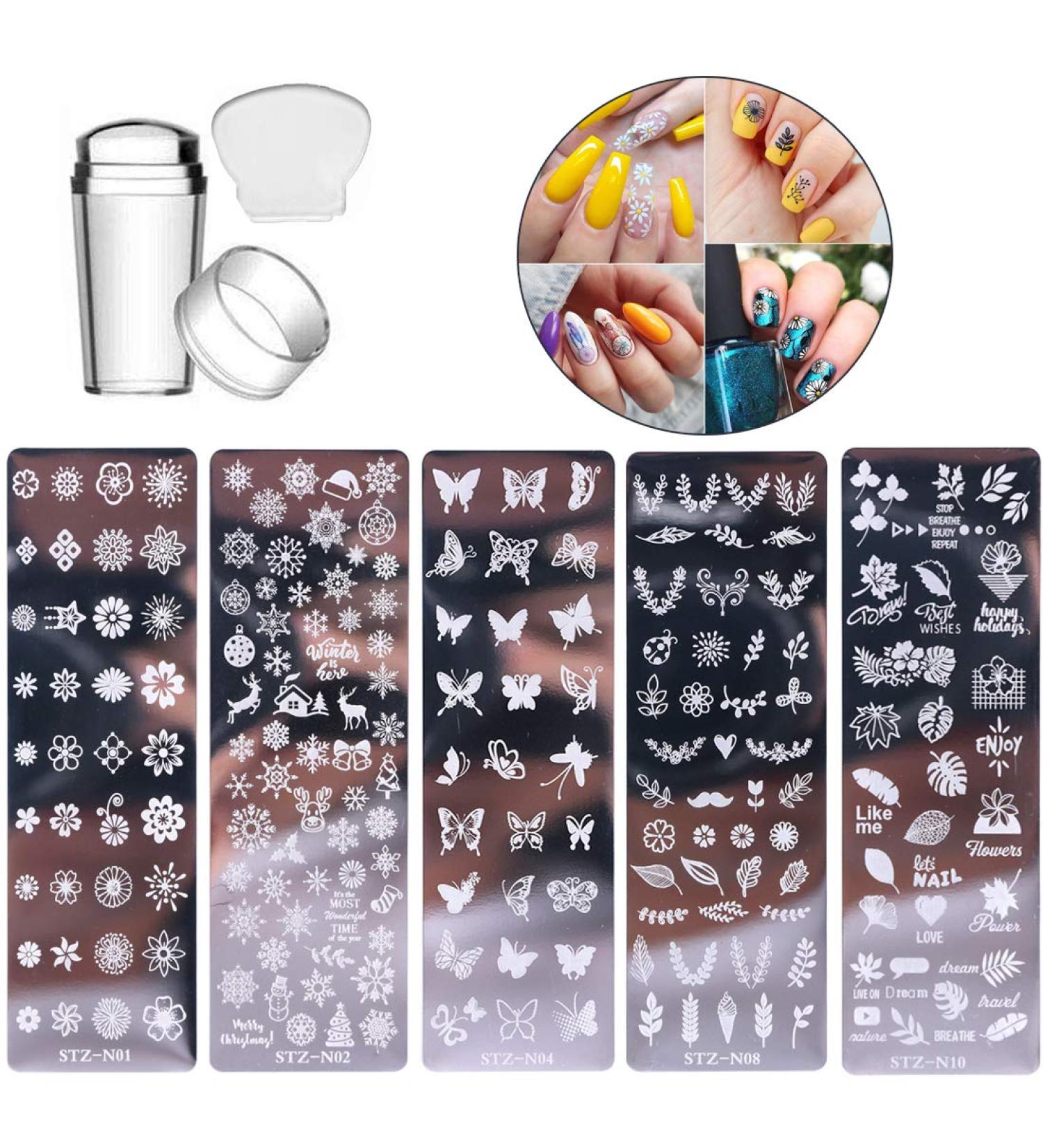Nail Stamp Template Kit - 5 Pcs Stamping Plates for Nail Art - Flower, Leaf, Butterflies, Snowflake Designs - Manicure Supplies - Buy Online on GoSupps.com