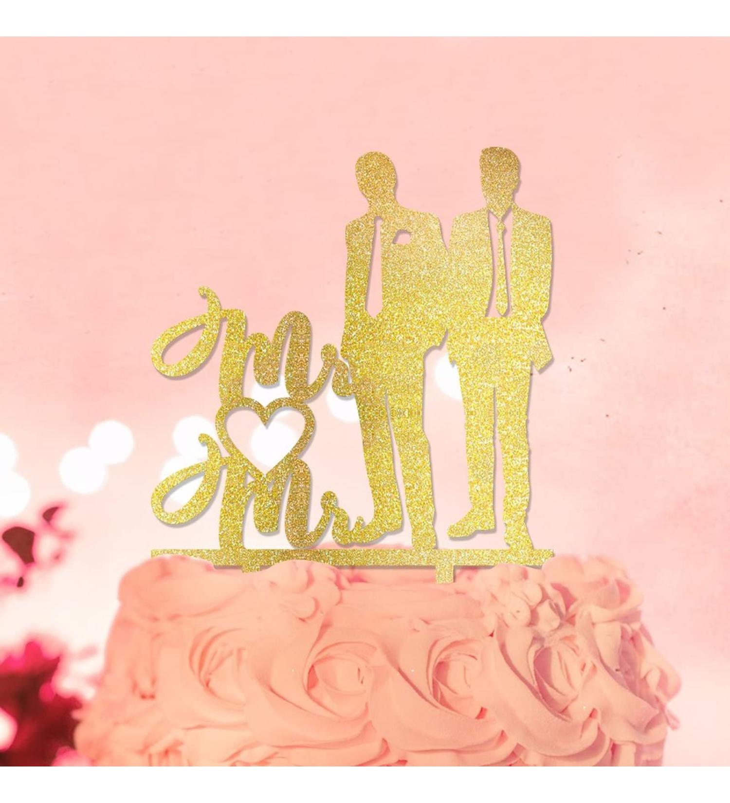 Gay Wedding Cake Topper - Customizable Same-Sex Love Silhouette Decoration in Glitter Gold | Men's Gift | 6inch | Style-14 - Buy Online on GoSupps.com