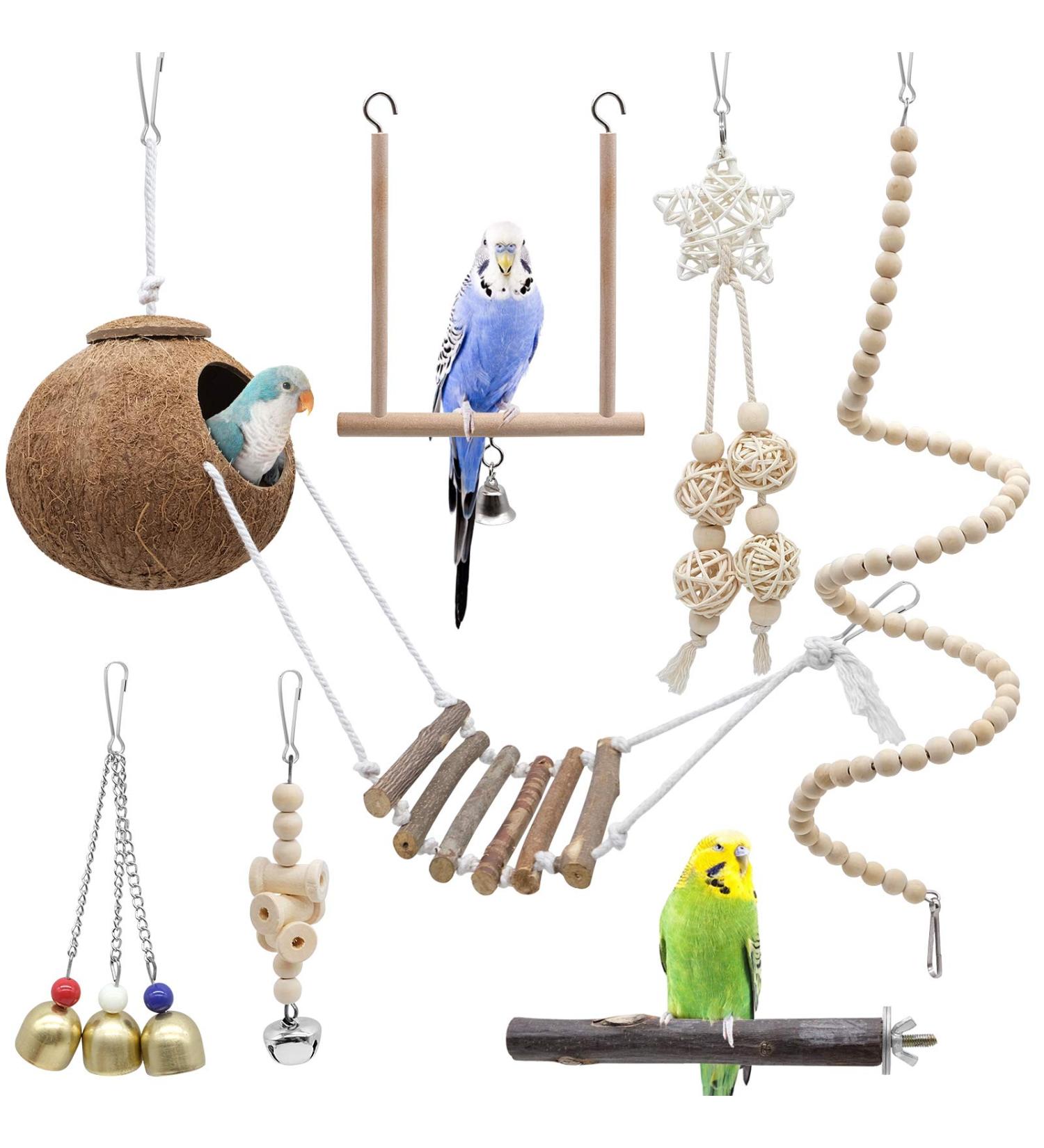 Yue Budgie Toys 7 Pcs Bird Toys Natural Coconut Bird Cage with Ladder Hanging Swing Climbing Hammock Rotated Ladder Wooden Chewing Toy Bells parrot toys for Birds parrots Love Birds Mynah - Buy Online on GoSupps.com
