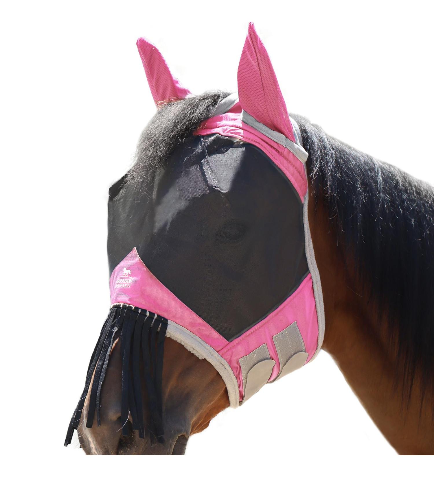 Harrison Howard Light Pink Horse Fly Mask with Ears & Nose Fringe for Thoroughbreds - Size M | International Shipping Available - Buy Online on GoSupps.com