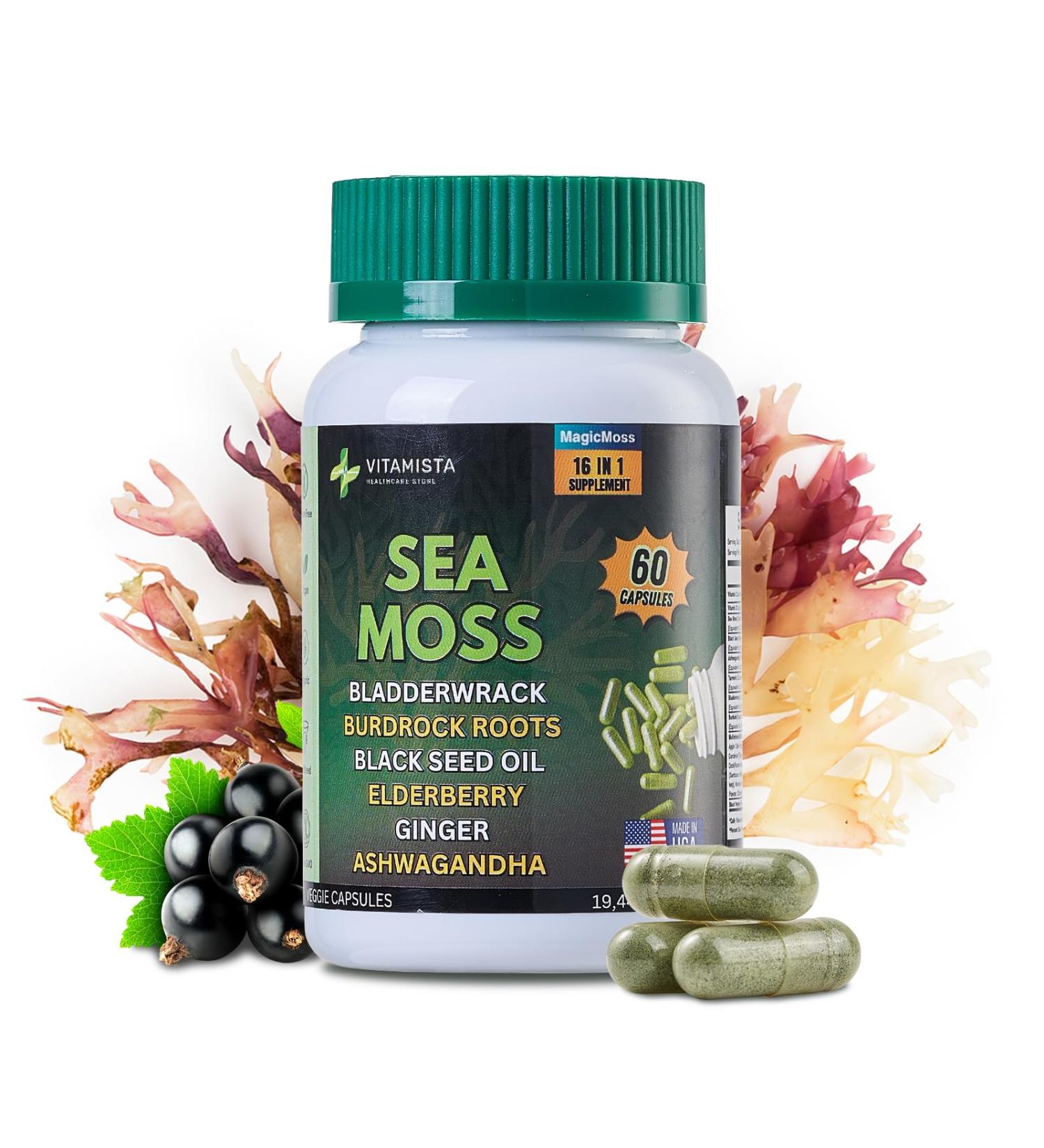 VITAMISTA Sea Moss Capsules 16-in-1 Sea Moss Supplement with Bladderwrack Burdock Root Black Seed Oil Ashwagandha Immune Support & Energy Booster 60 Vegan Capsules (19445mg) - Buy Online on GoSupps.com