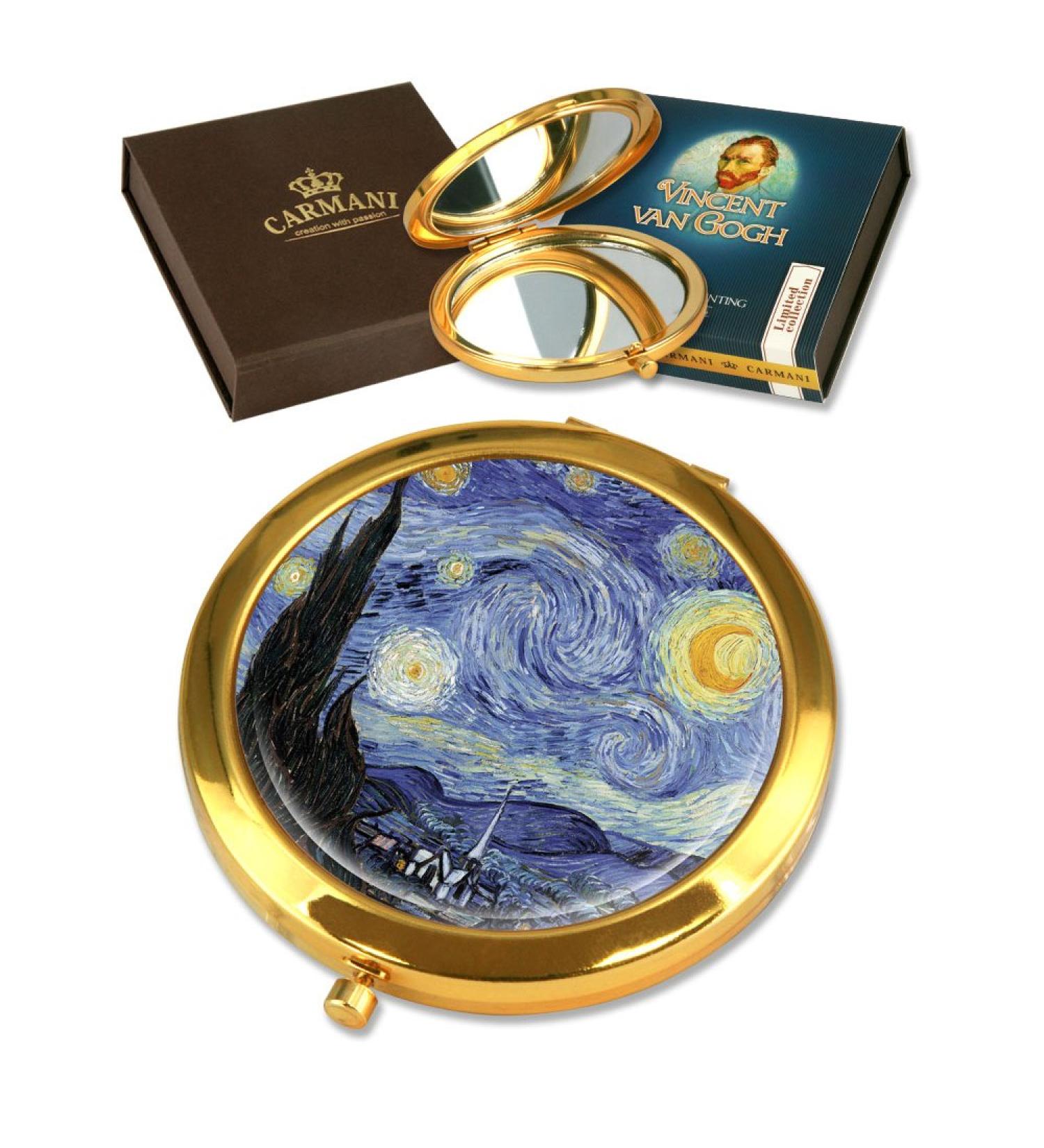CARMANI - Gold plated bronze pocket compact travel mirror decorated with Van Gogh 'The Starry Night' painting