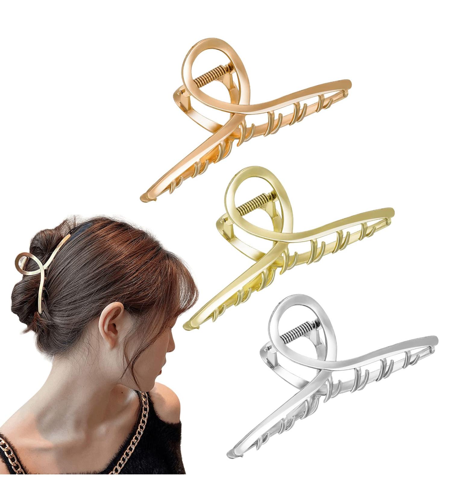 Shop Stylish Pop Full 3-Piece Large Metal Hair Clips for Women | Slipproof Hair Needles - Rose Gold Silver & Gold - Buy Online on GoSupps.com