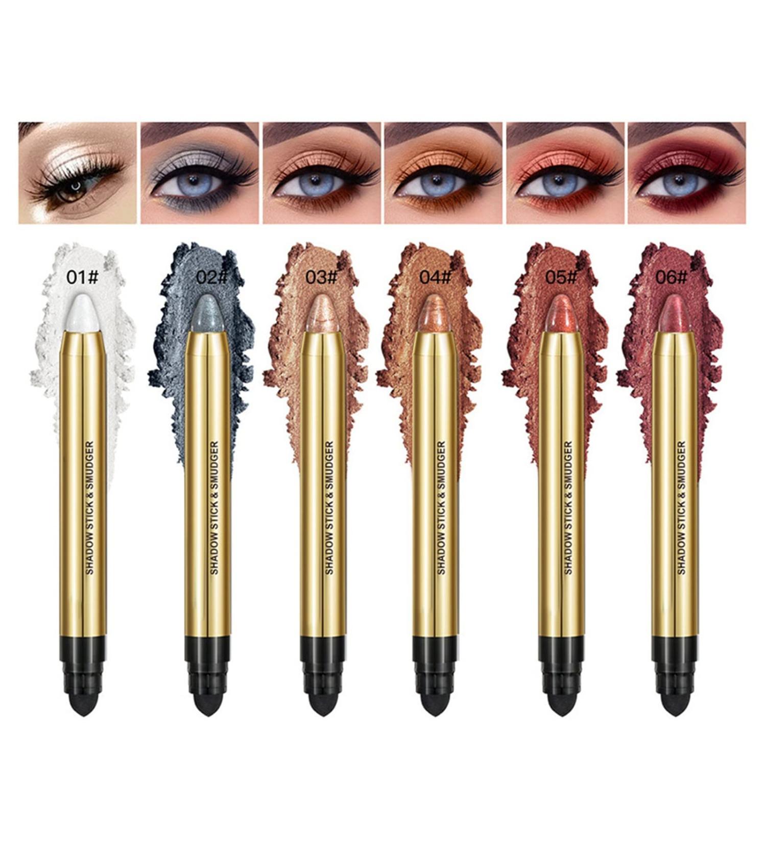 6 Color Neutral Eyeshadow Stick with Blending Brush - Waterproof & Long Lasting Eye Brightener for Smoky Metallic Makeup - Pearl Pink Brown - 01 - Buy Online on GoSupps.com