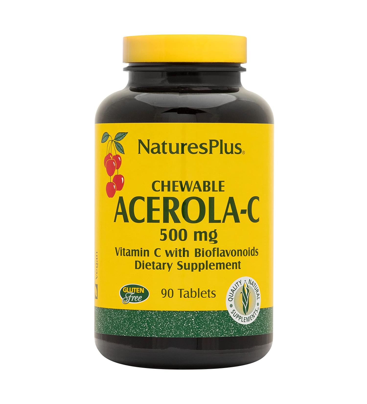 Nature's Plus Chewable Acerola-C Vitamin C 500mg - 90 Tablets with Bioflavonoids - Buy Online on GoSupps.com