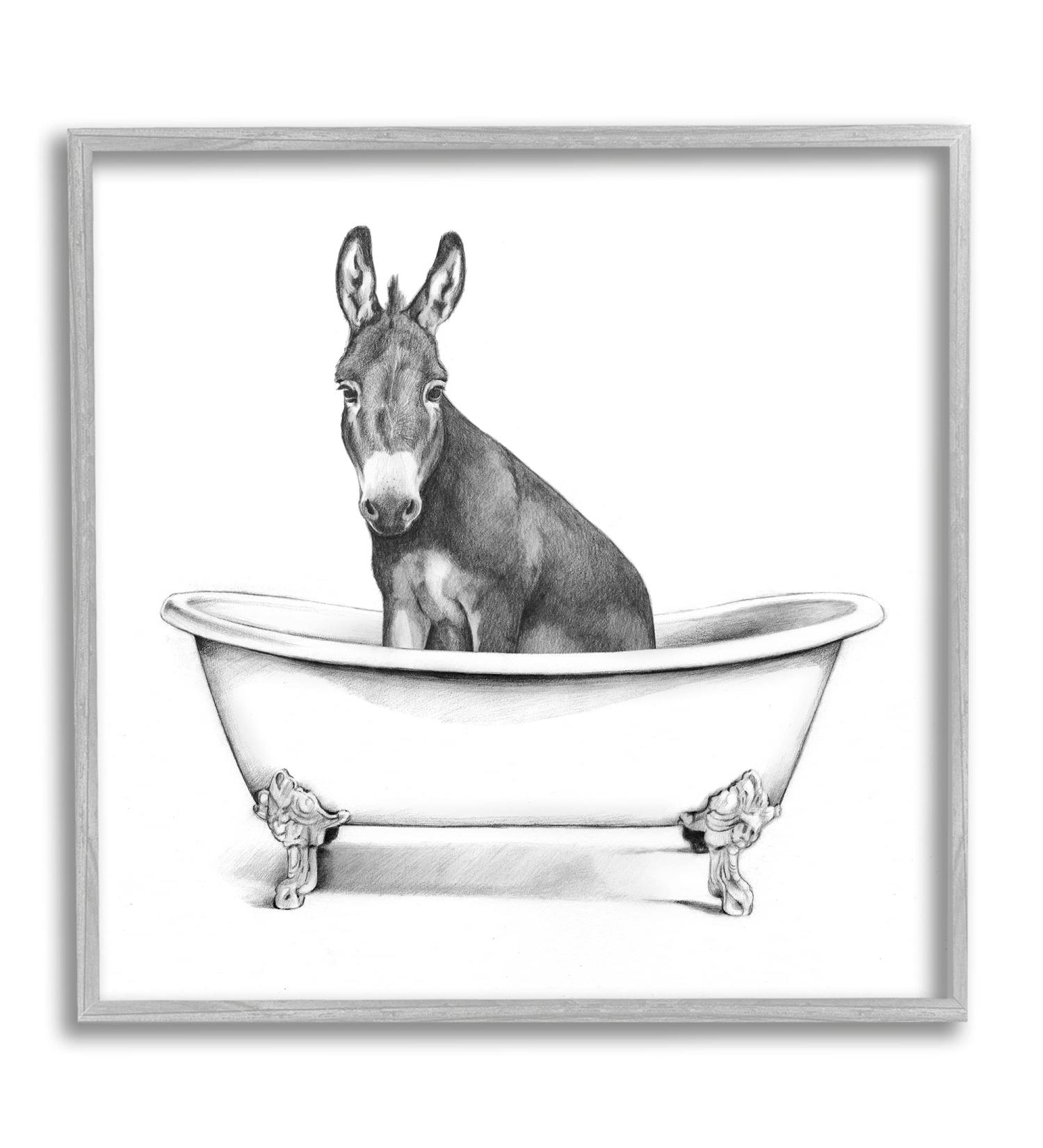 Stupell Industries Donkey in Claw Tub Farm Animal Bathroom Sketch White 17 x 17 Gray Framed 17 x 17
