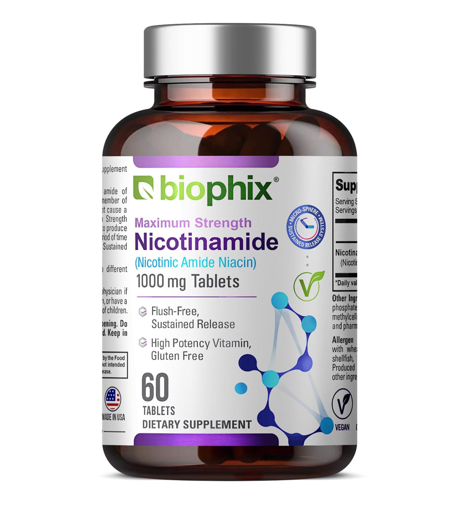 biophix B-3 Nicotinamide 1000 mg 60 Tablets Extra Strength Timed Release - Nicotinic Amide Niacin Natural Flush-Free Vitamin Formula - Supports Skin Cell Health - Buy Online on GoSupps.com