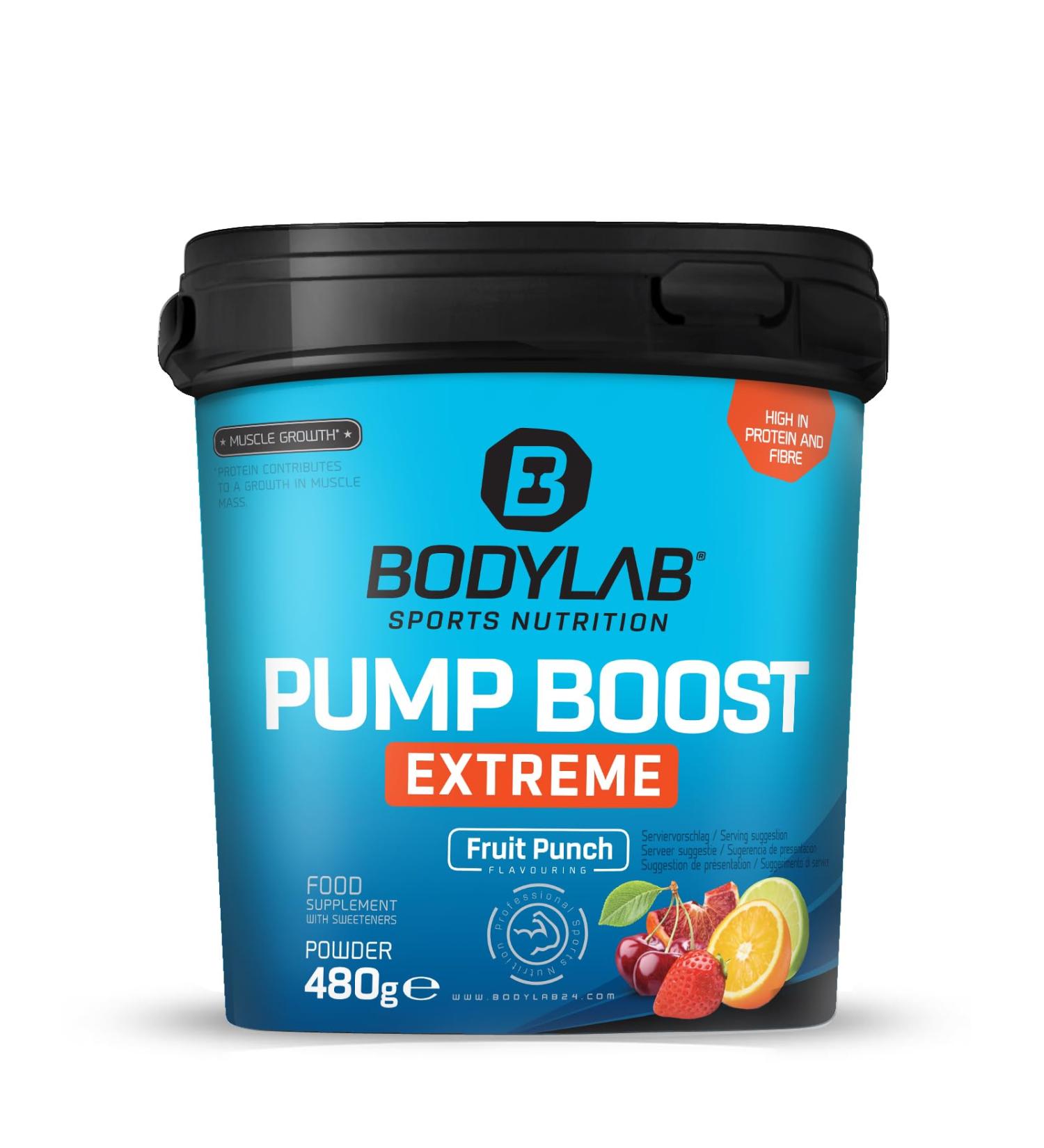 Bodylab24 Pump Boost Extreme 480g - Fruit Punch with Amino Acids Caffeine & Plant Extracts for Ultimate Workout Boost - Buy Online on GoSupps.com