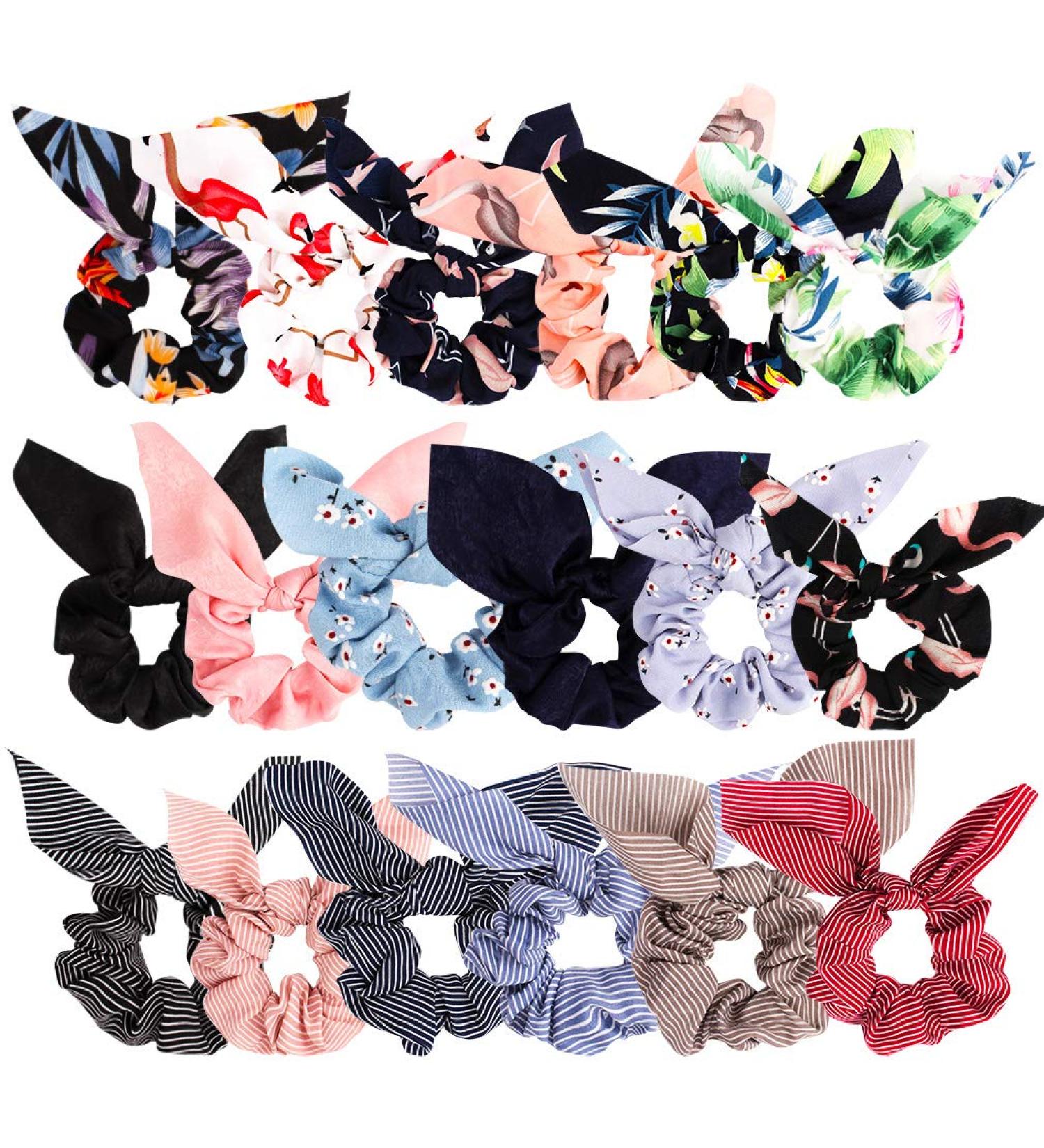 18 PCS Bow Scrunchies Hair Accessories - Chiffon Satin Silk with Bow Scarf - Solid Stripe Flower Colors - Ponytail Holder with Rabbit Bunny Ear BowKnot - Buy Online on GoSupps.com