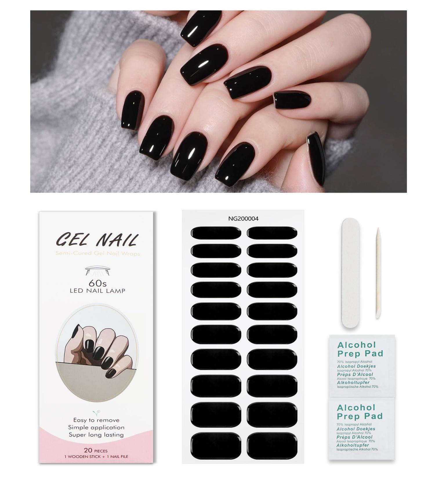 Black Gel Nail Strips KALEFUL Semi Cured Gel Nail Stickers Nail Art Decoration Design Supplies - Buy Online on GoSupps.com