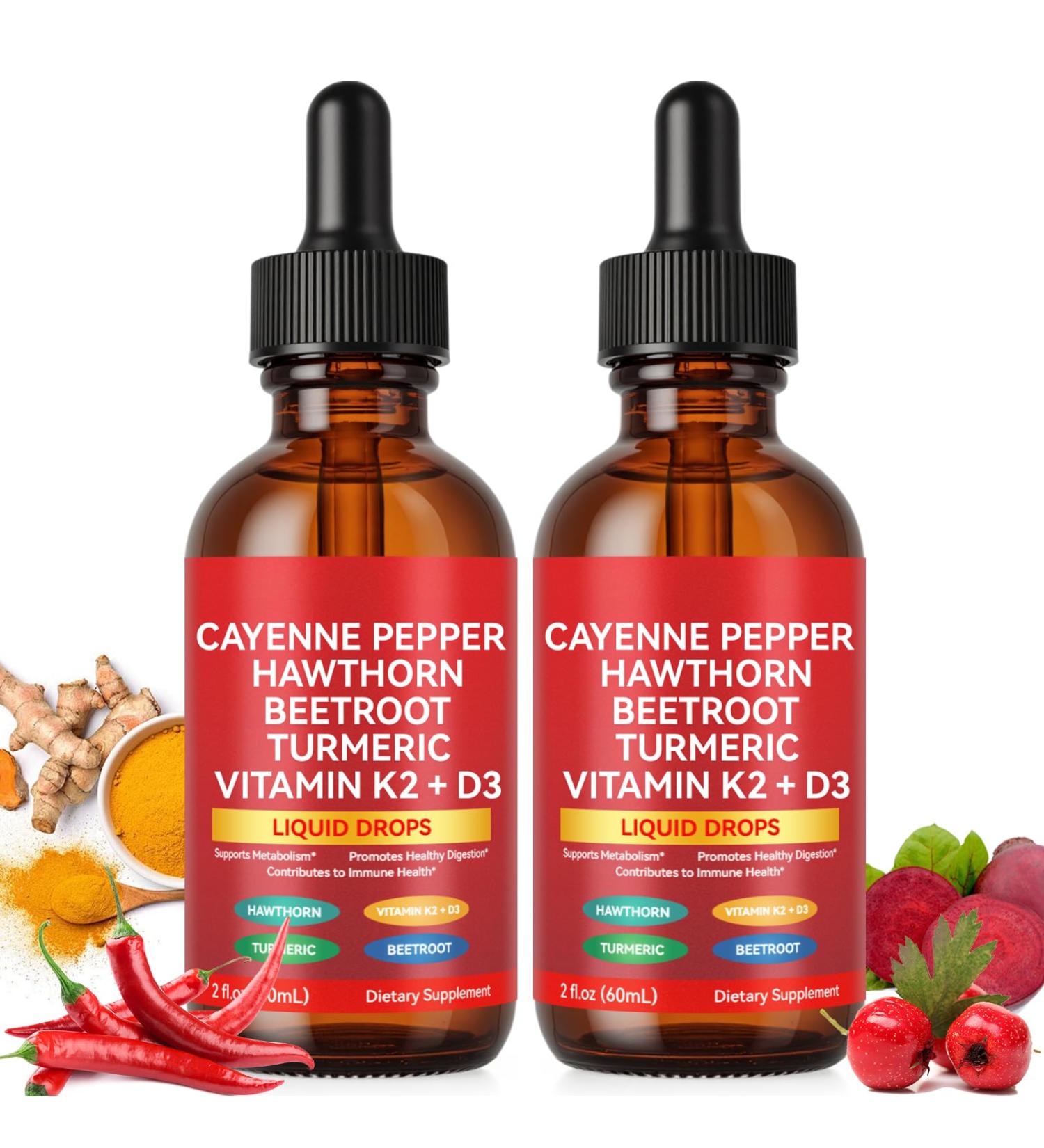 Cayenne Pepper Drops - with Hawthorn Berry 2 FL OZ Liquid Supplement Organic Panax Ginseng Turmeric Curcumin 2-Pack - Buy Online on GoSupps.com