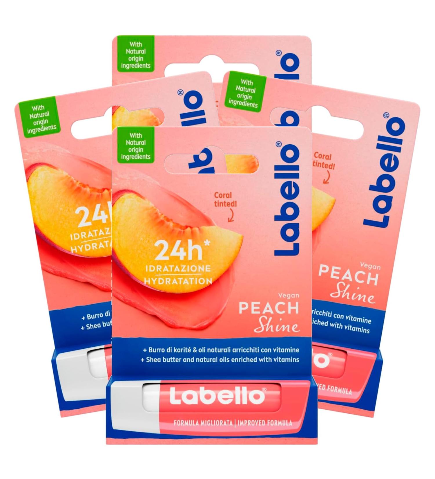  Labello Labello Peach Shine Burrocacao Coloured Lips with Peach Aroma Lip Balm 24 Hour Moisturizing Lip Balm with Natural Ingredients - 4 Sticks - Buy Online on GoSupps.com