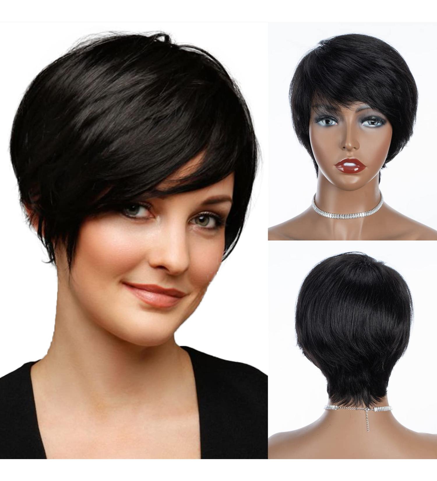 QUEEN VIRGIN REMY Pixie Cut Wig | Short Human Hair Wigs for Black Women with Bangs | 8 Inch Natural Black | Daily Wear Style - Buy Online on GoSupps.com