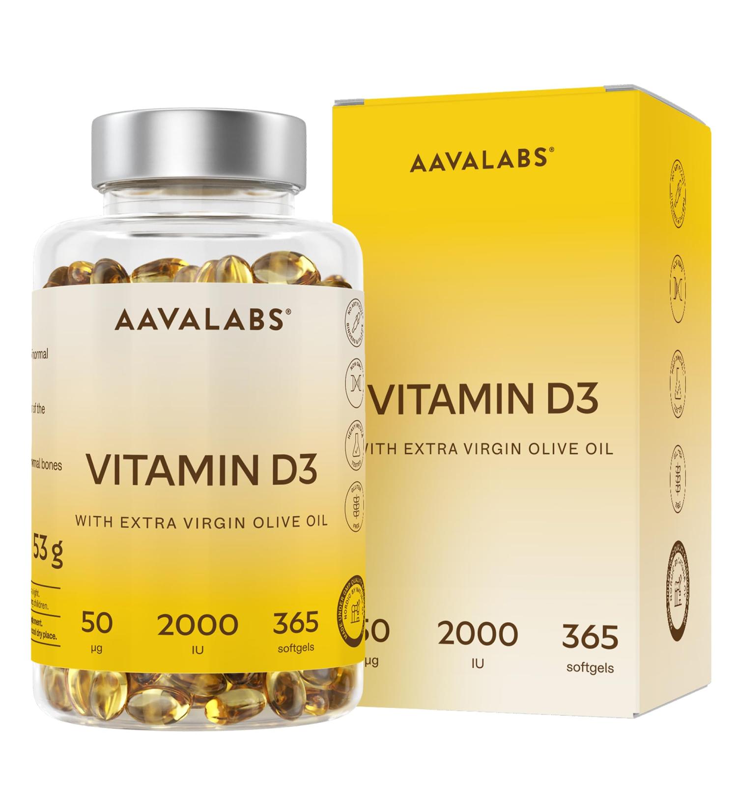 AAVALABS Vitamin D3 2000 IE With extra virgin olive oil for optimal absorption GMO gluten and lactose free Contributes to bone muscle and immune function 365 Vitamin D Softgel capsules - Buy Online on GoSupps.com