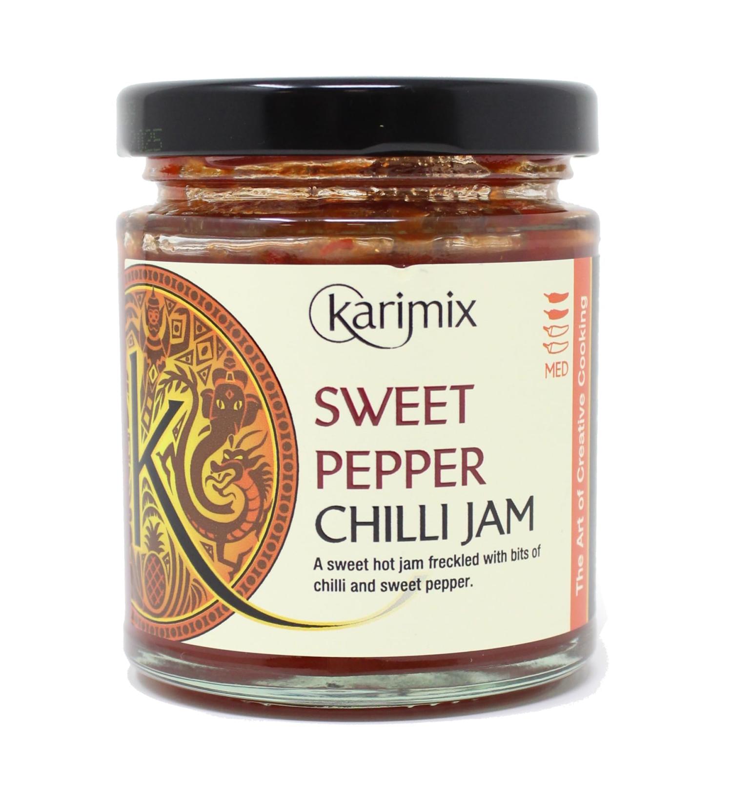 Karimix Sweet Pepper Chilli Jam Sweet Spicy Medium Heat Ideal Condiment for Cheese Meat Gluten Vegetarian and Vegan Friendly 190g Jar
