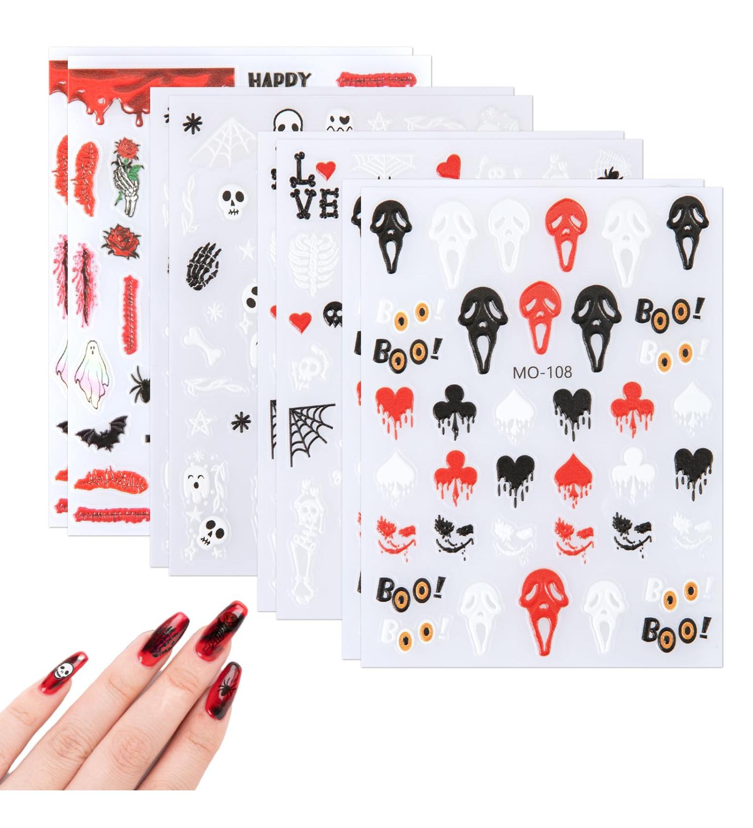 8 Sheets Halloween Nail Stickers Self Adhesive Nail Design Stickers Skeleton Bat Spider Web Witch Ghost Nail Stickers for Halloween Party - Buy Online on GoSupps.com