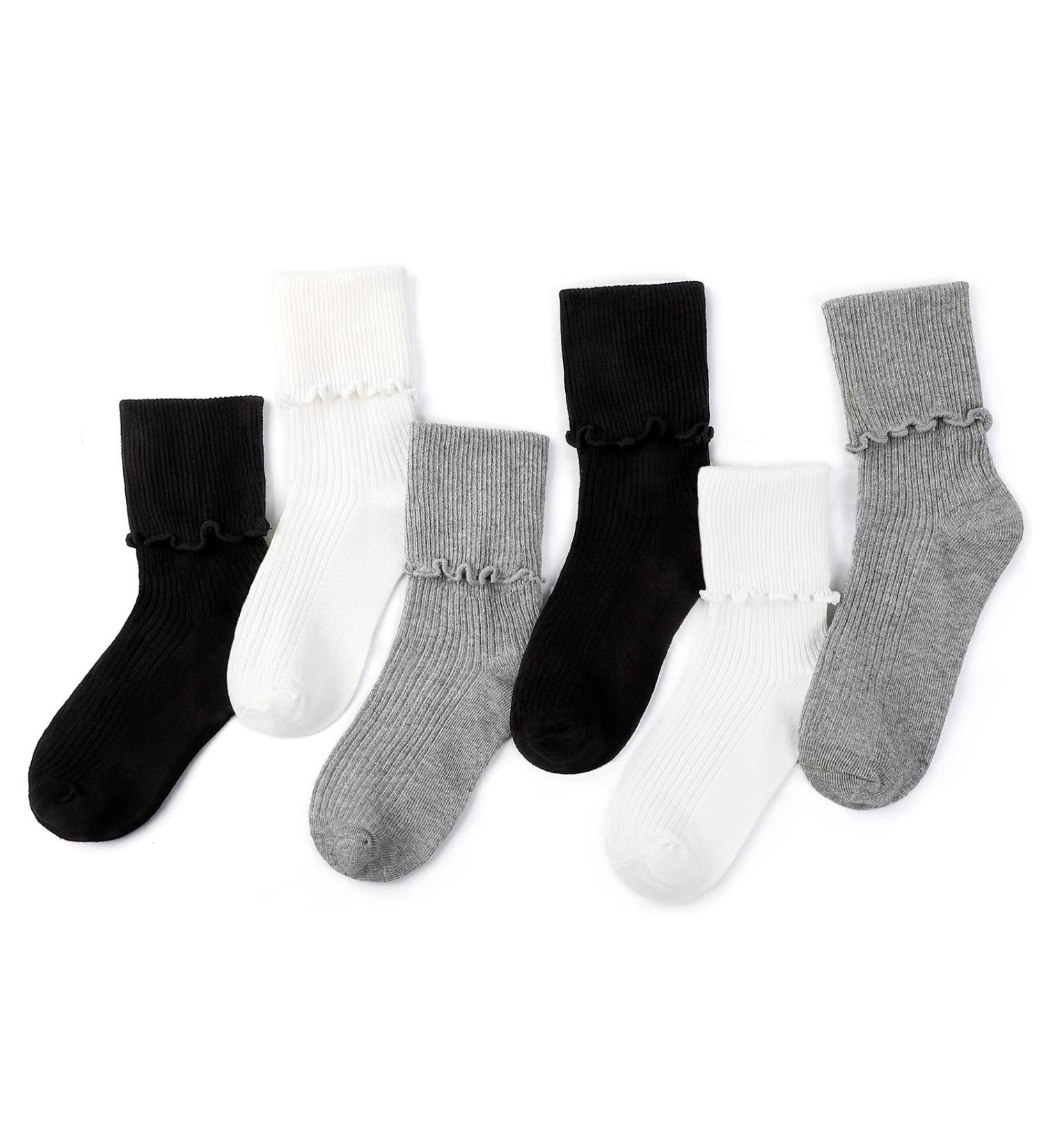 KEREDA Girls Ruffle Socks 6 Pairs | Seamless Turn Cuff Slouch Crew Socks - Black White Grey | Kids 7-10 Years - Buy Online on GoSupps.com