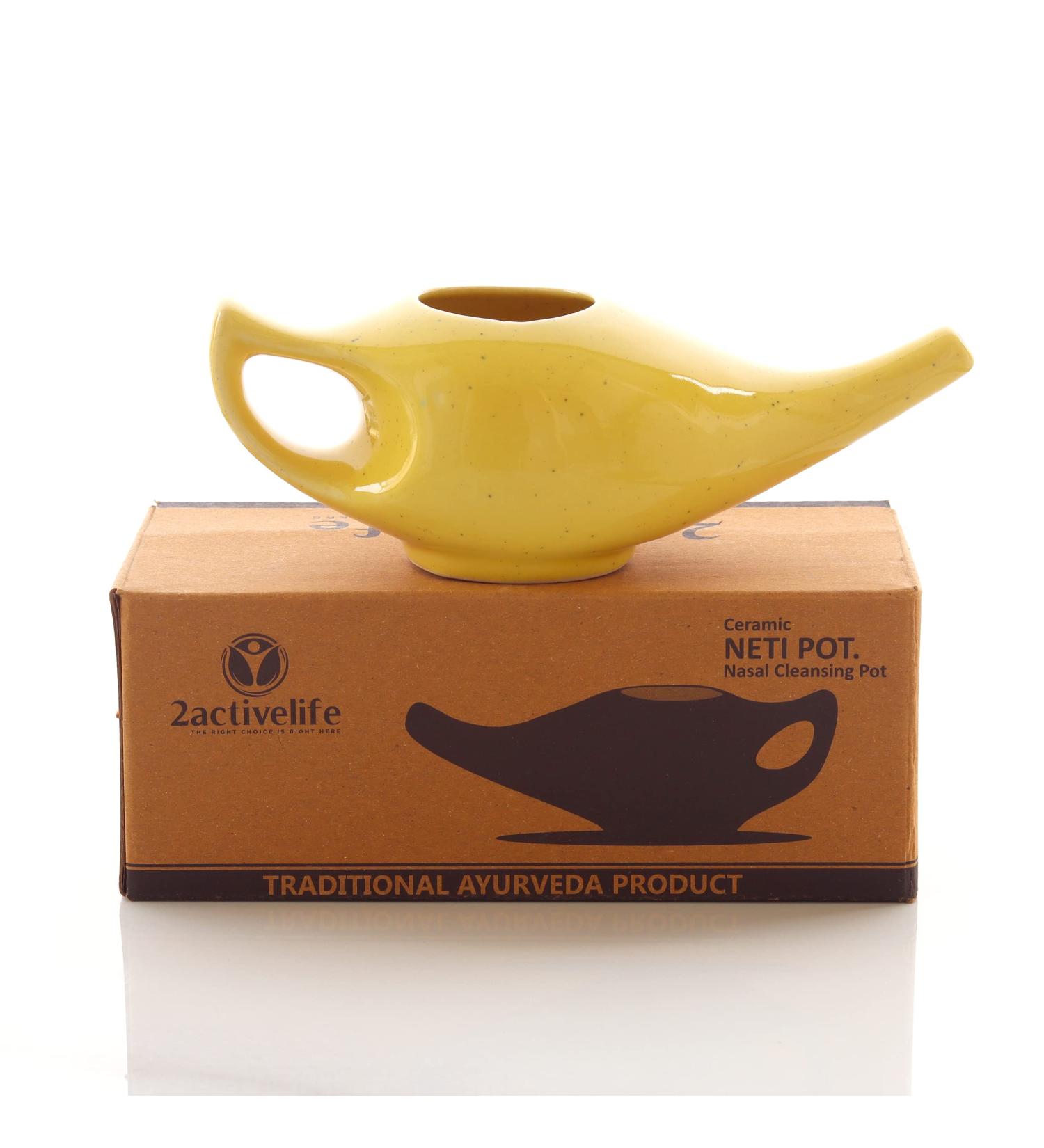 2activelife Porcelain Ceramic Neti Pot with Salt - 225ml Capacity - Crackle Yellow - Nasal Cleansing Sinus - Buy Online on GoSupps.com