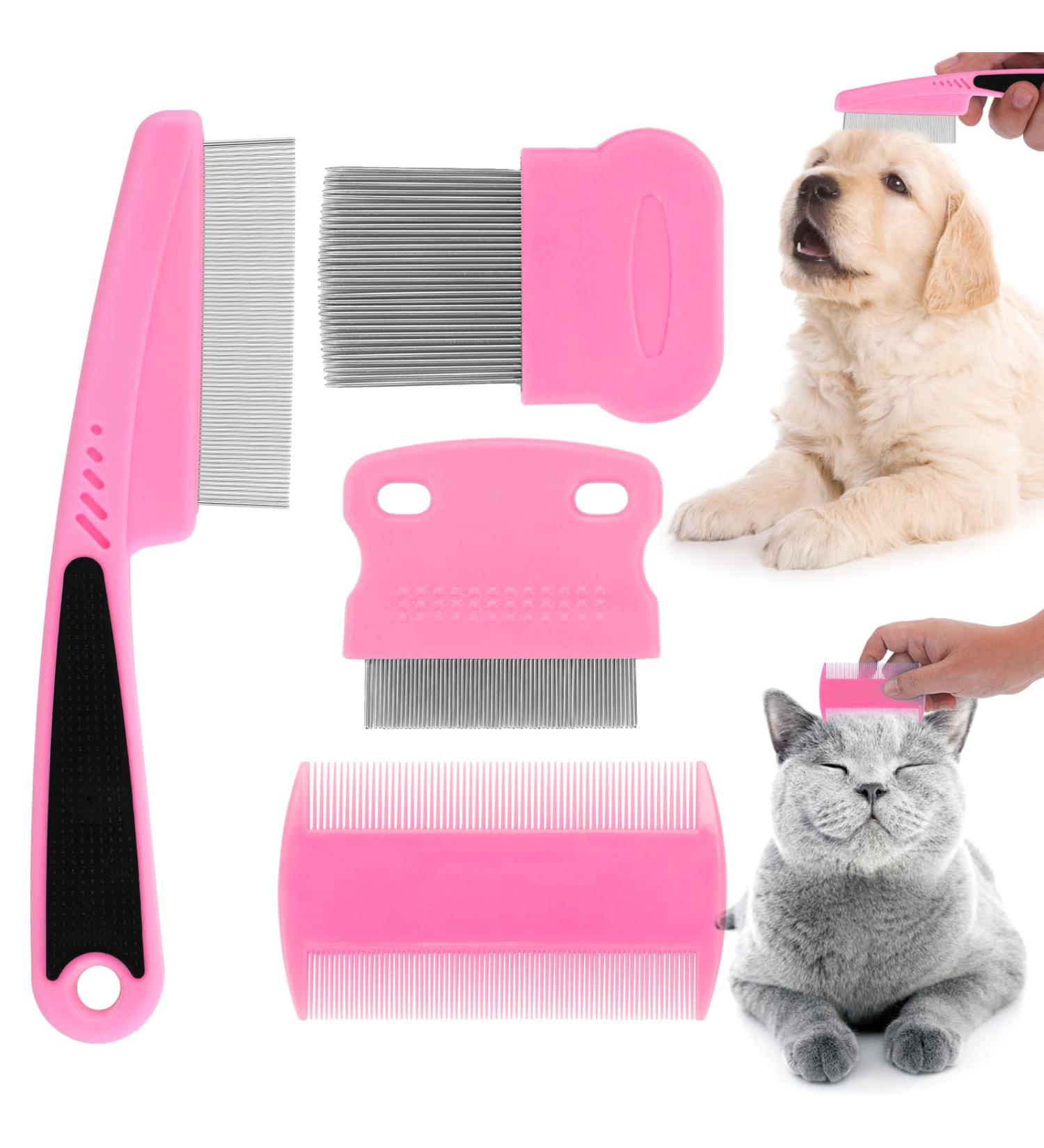 Molain Cat Dog Flea Comb Set - 4 Pieces Pink Grooming Tools & Tear Stain Removers for Pets - Buy Online on GoSupps.com