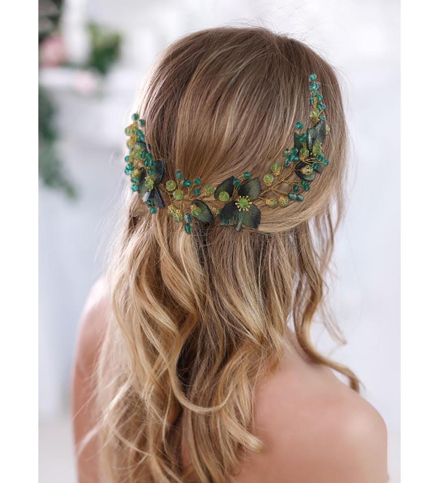 IYOU Crystal Wedding Hair Vine Green Leaf Bridal Headband Rhinestone Headpiece Prom Bride Bridesmaid Hair Accessories for Women - Buy Online on GoSupps.com
