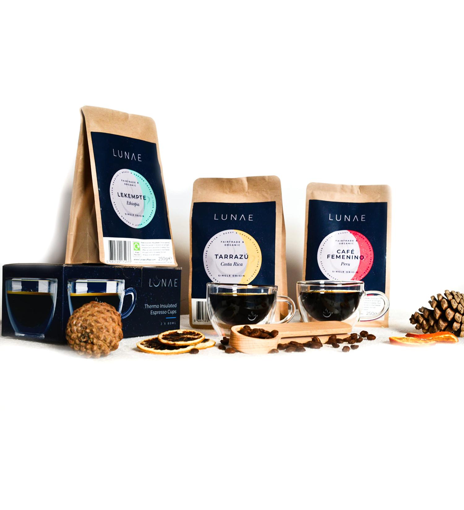 Lunae Luxury Coffee Hamper Gift Set | 2 x Espresso Cups | 3 x Artisan Coffees | 2-in-1 Coffee Scoop - Buy Online on GoSupps.com